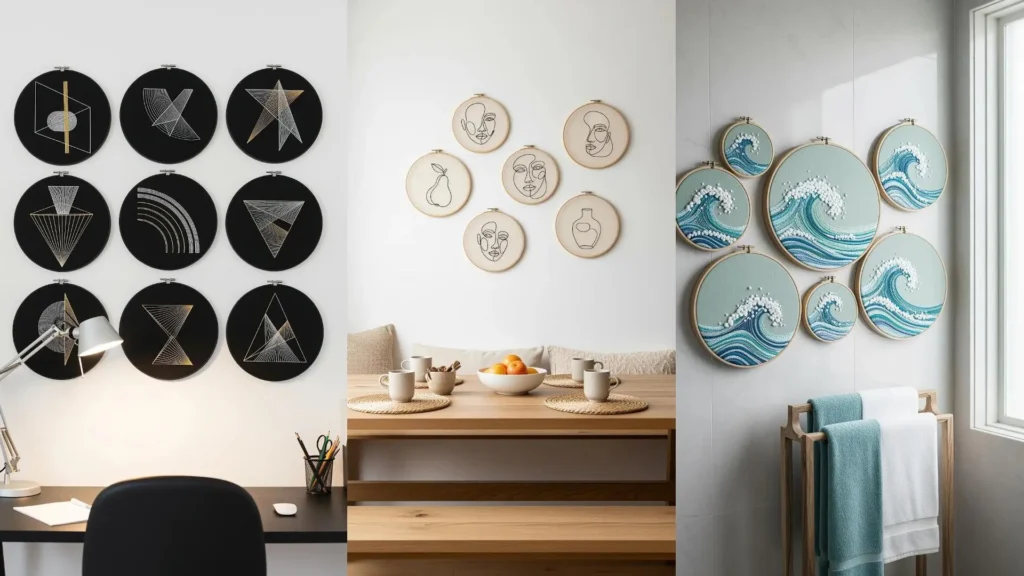 Three gallery walls of minimal embroidery art in circle frames, showing different compositions for a clutter-free look.