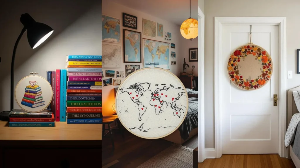 A collage of DIY embroidery frames that add personality to a bedroom, including book, map, and wreath hoop art.