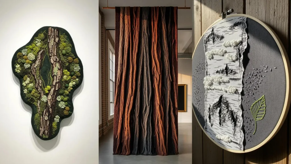 A triptych of creative embroidery ideas inspired by tree bark and leaves, showing varied textures from moss to birch bark.