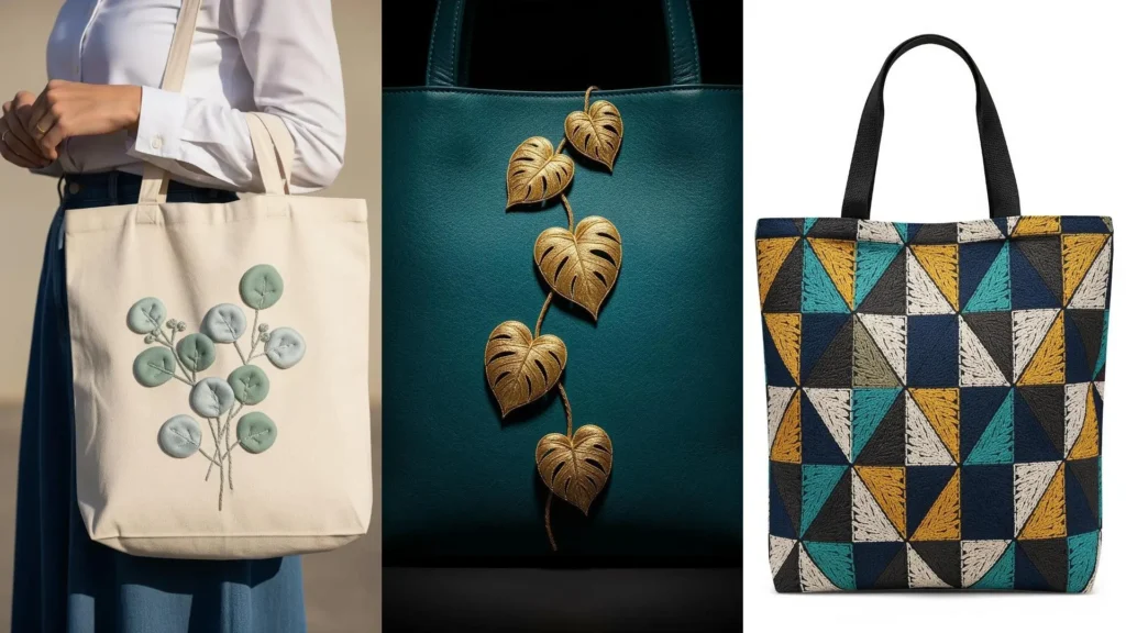 Tote bags displaying a variety of leaf embroidery stitches that create beautiful botanical art.