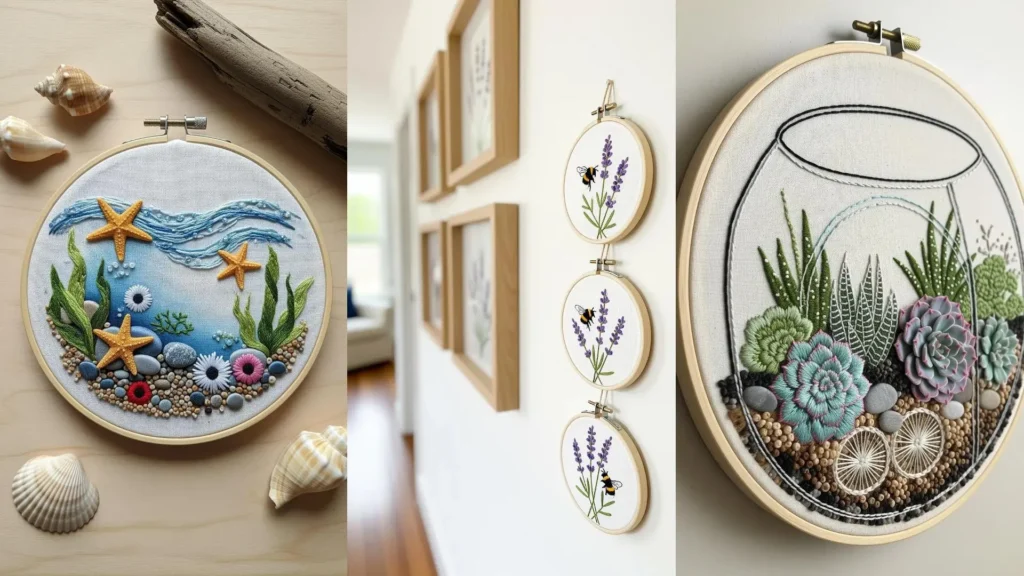 A collage of nature embroidery patterns, including succulents and bees, hung on a wall to create a cozy nature haven.