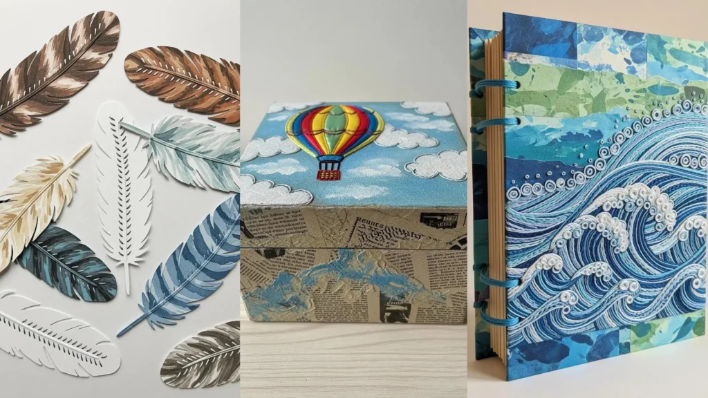 Collage of relaxing mixed-media crafts with embroidery, featuring a decorated box, paper feathers, and an embroidered journal.