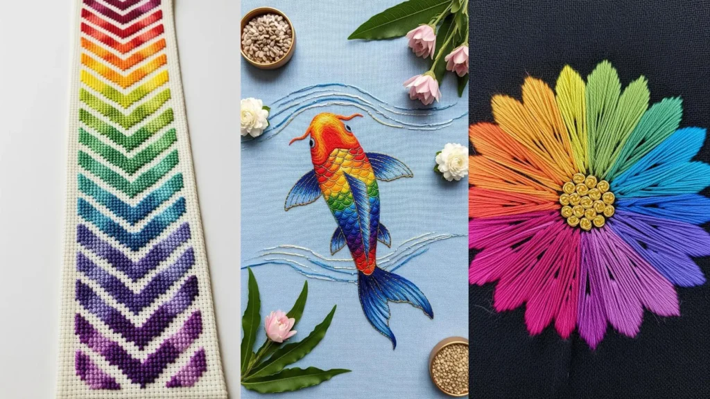 A collage of contemporary embroidery featuring rainbow blend stitches that create a magical ombre effect on different designs.