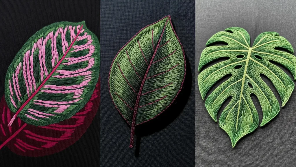 Close-up of three embroidered leaves casting realistic shadows to create depth that looks painted.