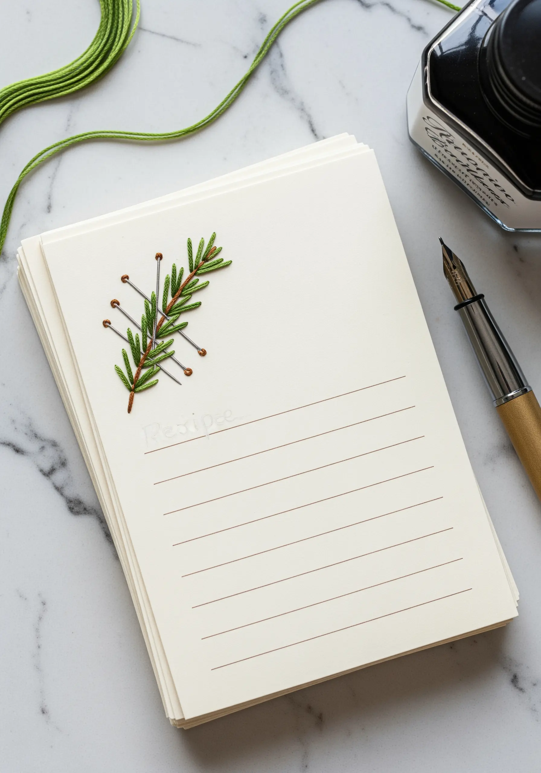 A dimensional embroidered rosemary sprig with real pins stuck in it on a recipe card