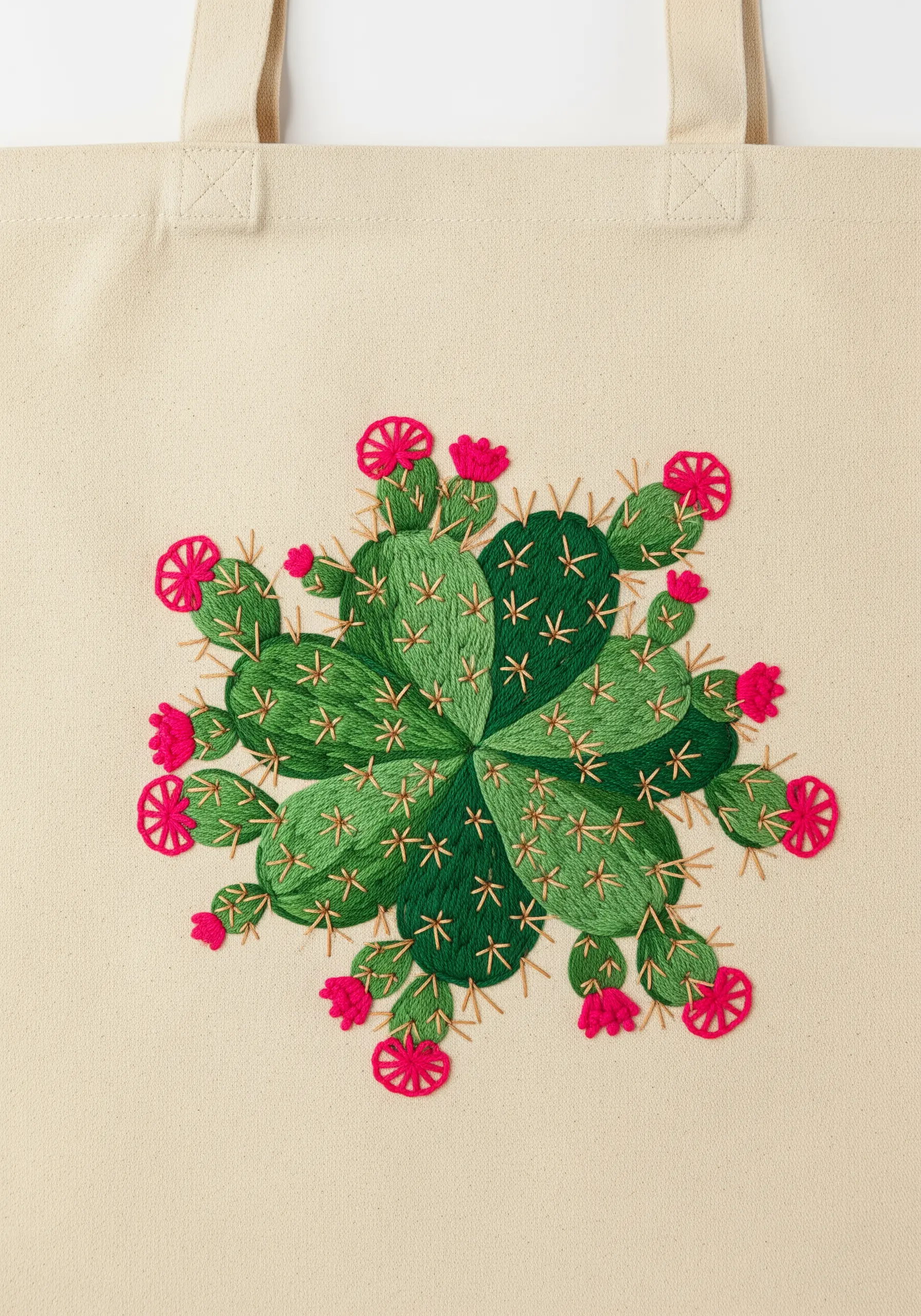 A green prickly pear cactus mandala with bright pink flowers embroidered on a canvas tote.
