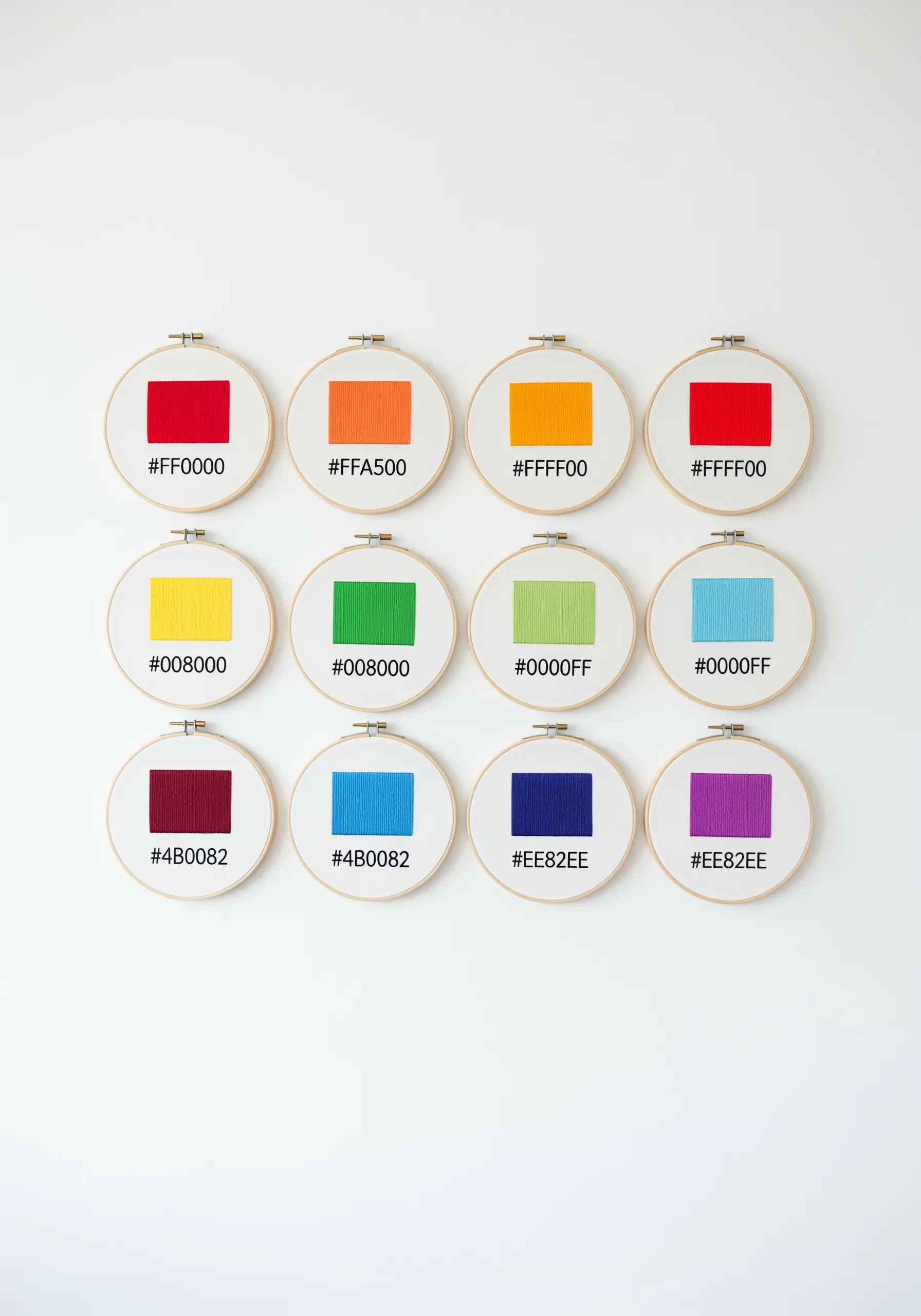 Twelve embroidery hoops arranged in a grid, each showing a color swatch with its hex code.
