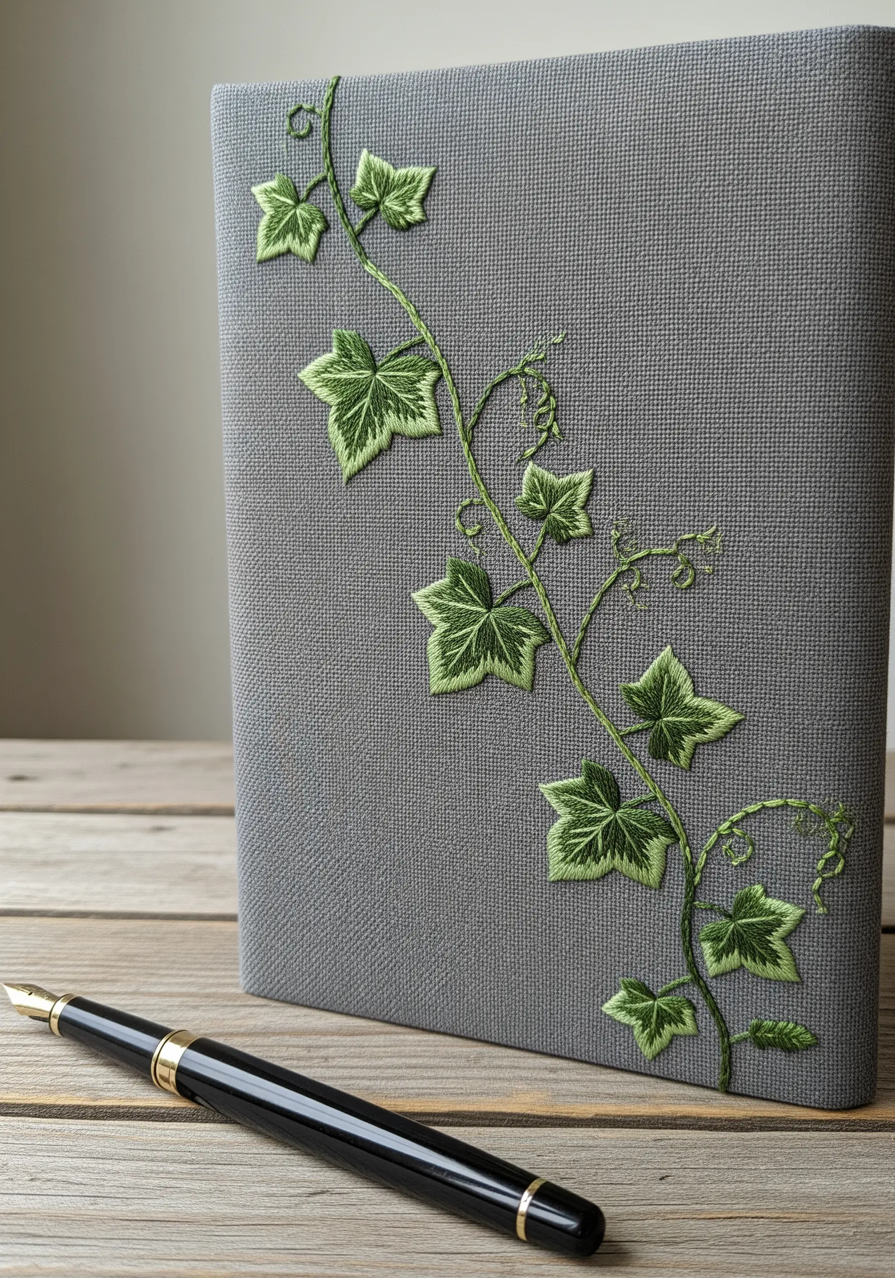 Grey journal cover decorated with a climbing vine of embroidered ivy leaves.