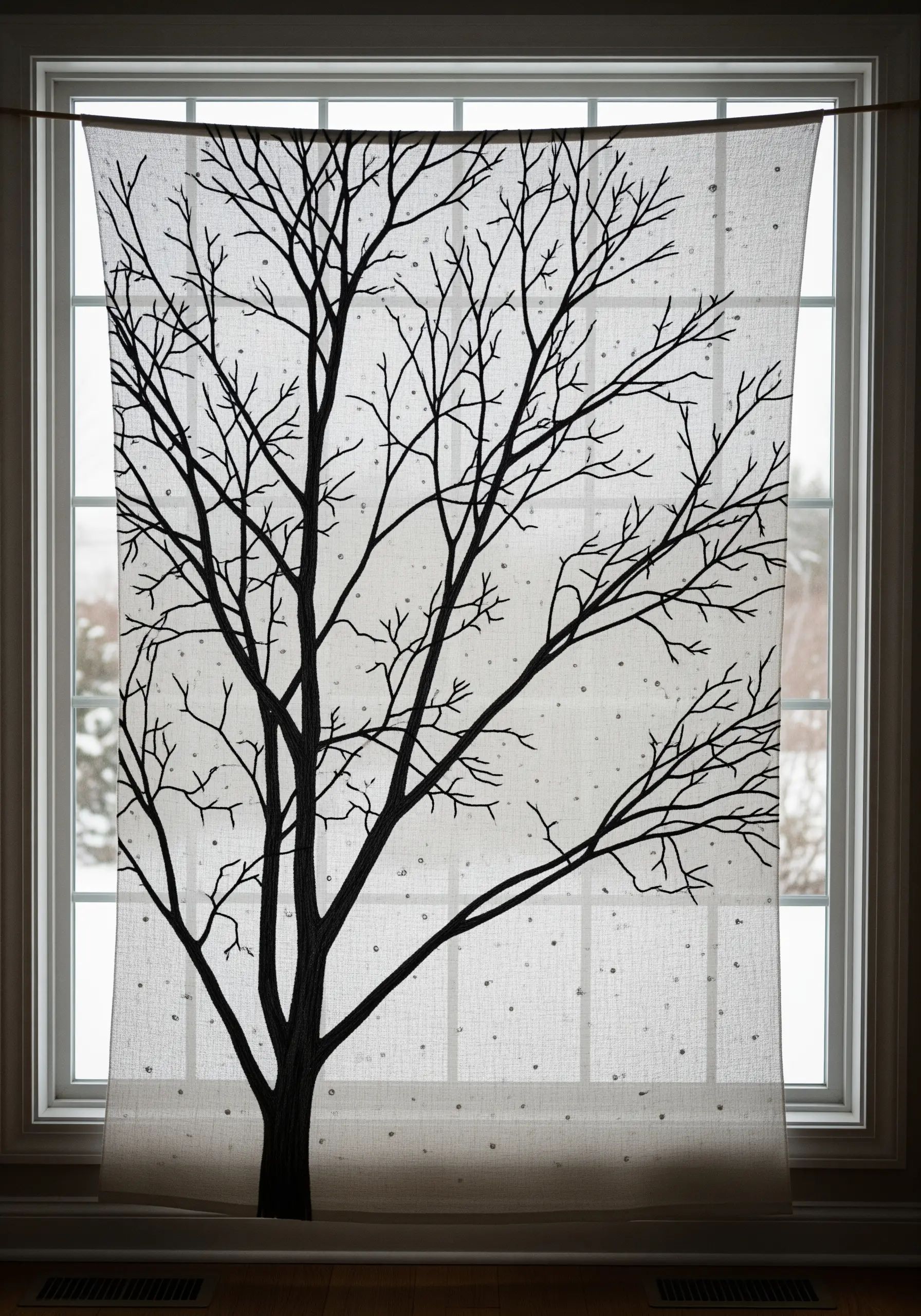 Sheer window panel with a large black embroidered silhouette of a bare tree.