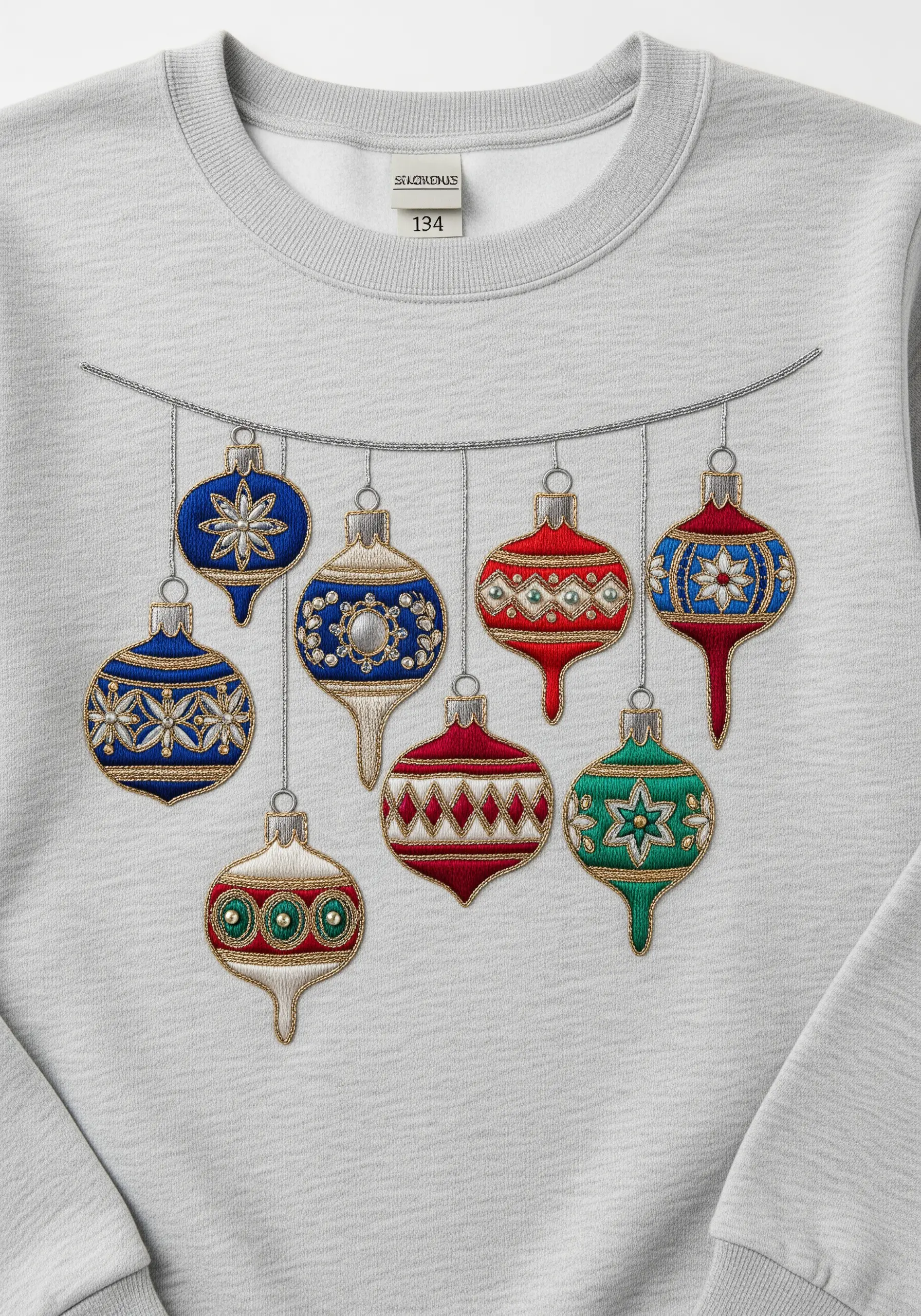 Detailed embroidered vintage Christmas ornaments hanging from a stitched line.