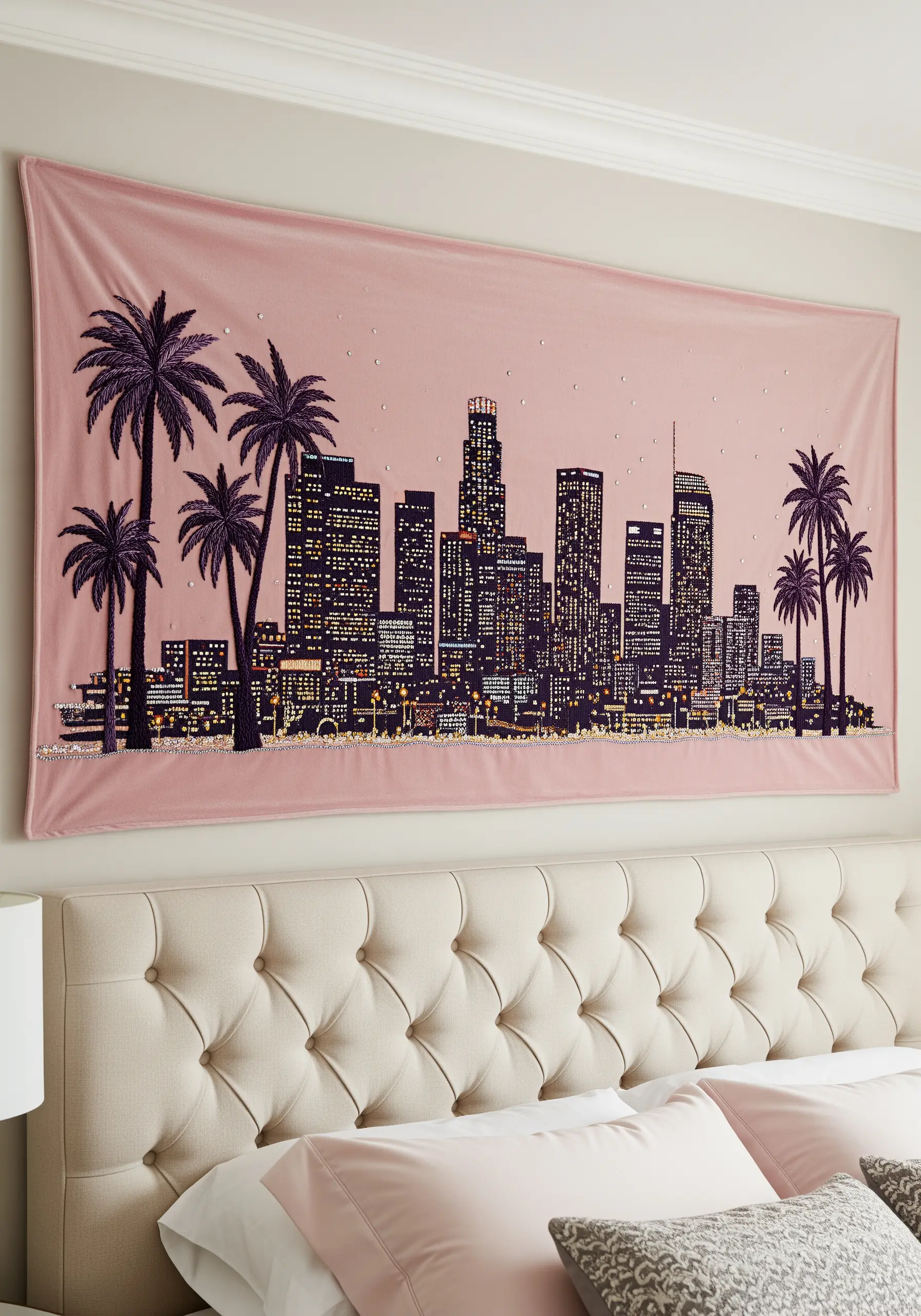 Los Angeles skyline embroidered on pink velvet fabric with sparkling beaded details.