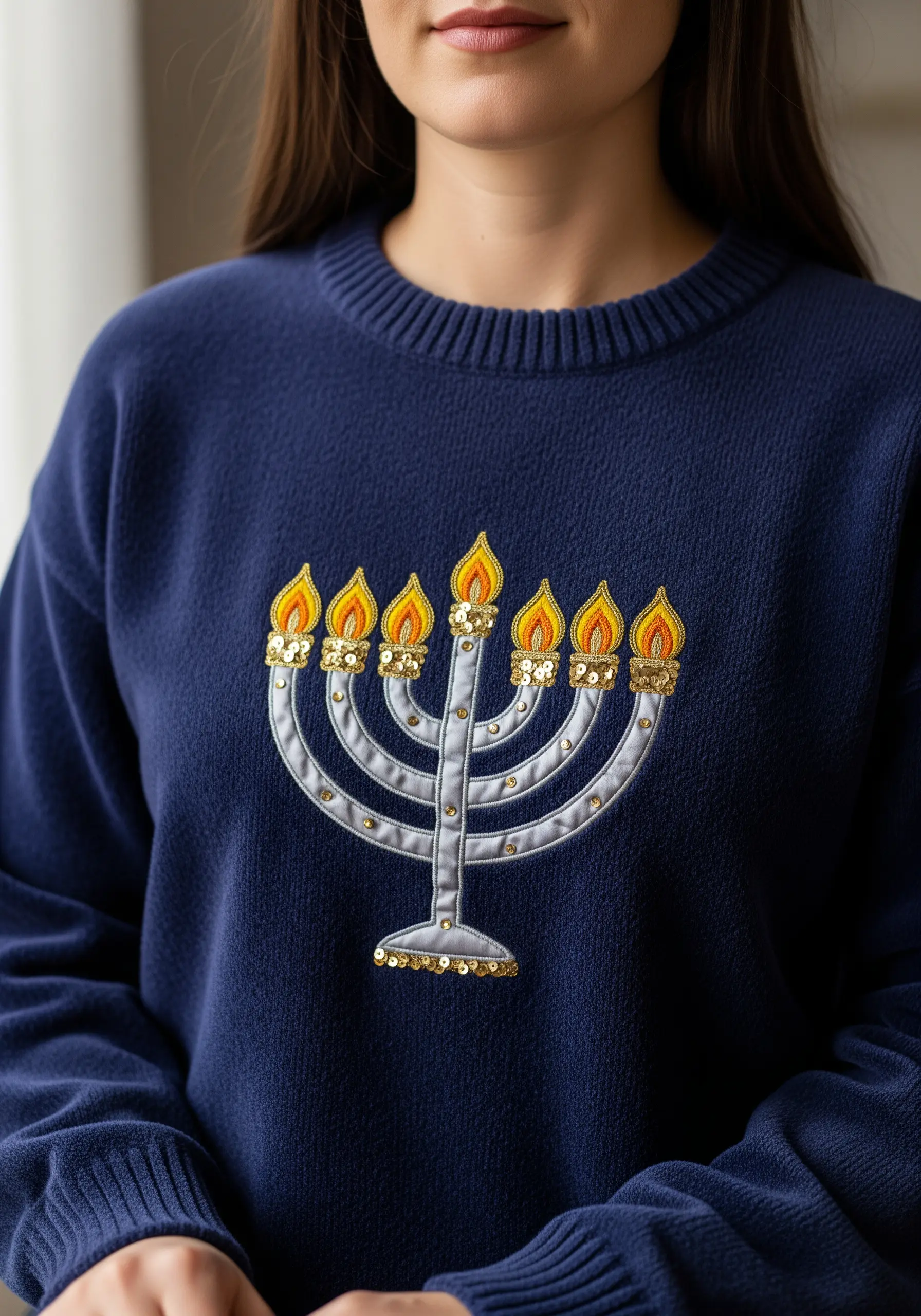 Embroidered menorah with gold sequins and vibrant satin-stitched flames.