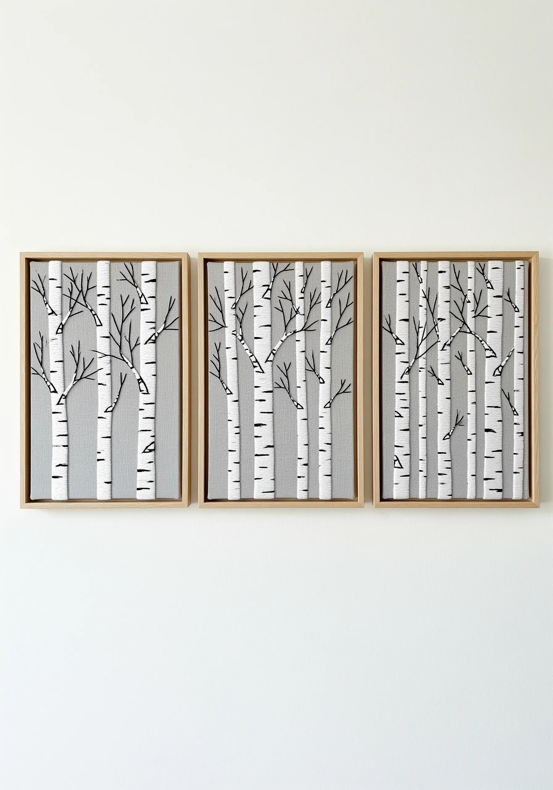 Triptych of framed yarn art showing minimalist birch trees on a grey background.