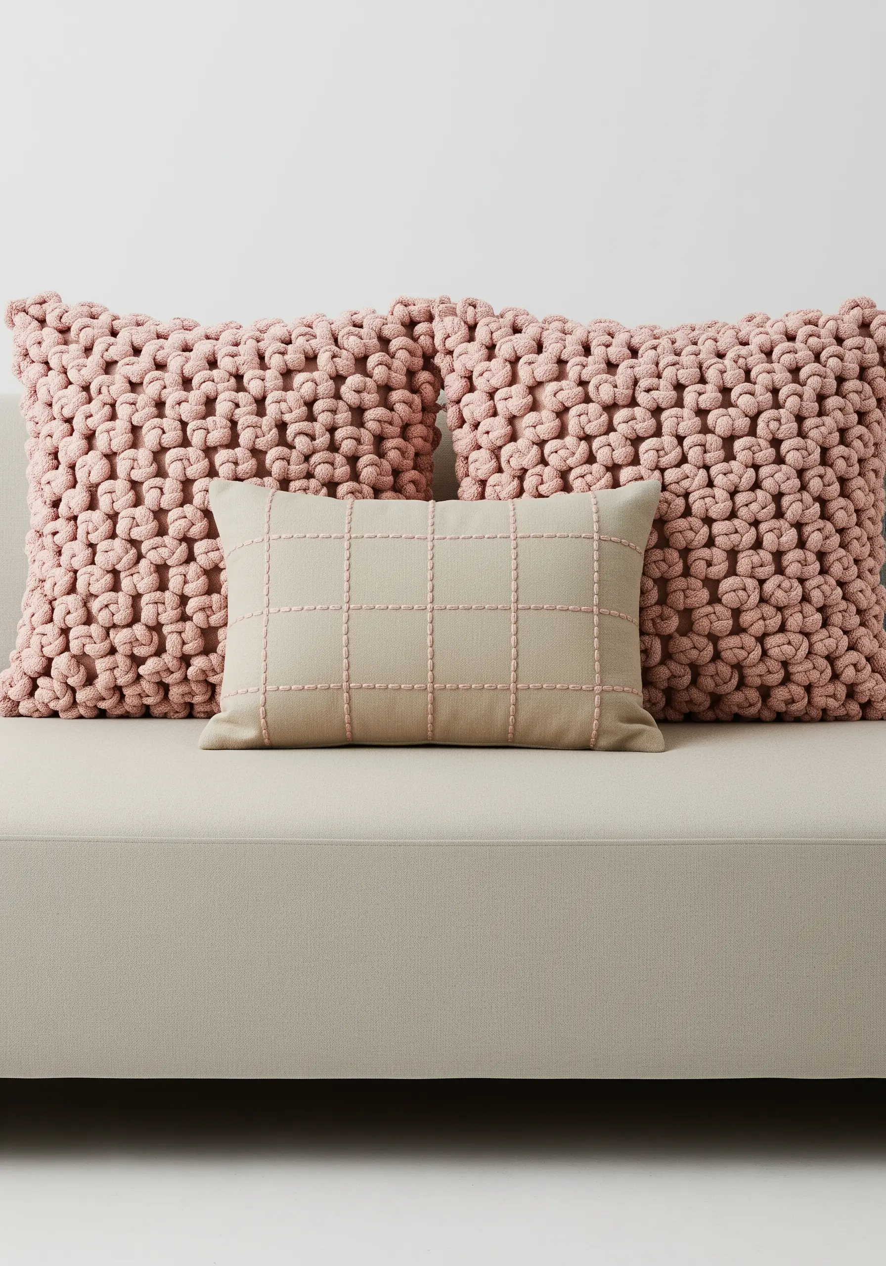 A simple beige pillow with a blush-colored running stitch grid pattern.