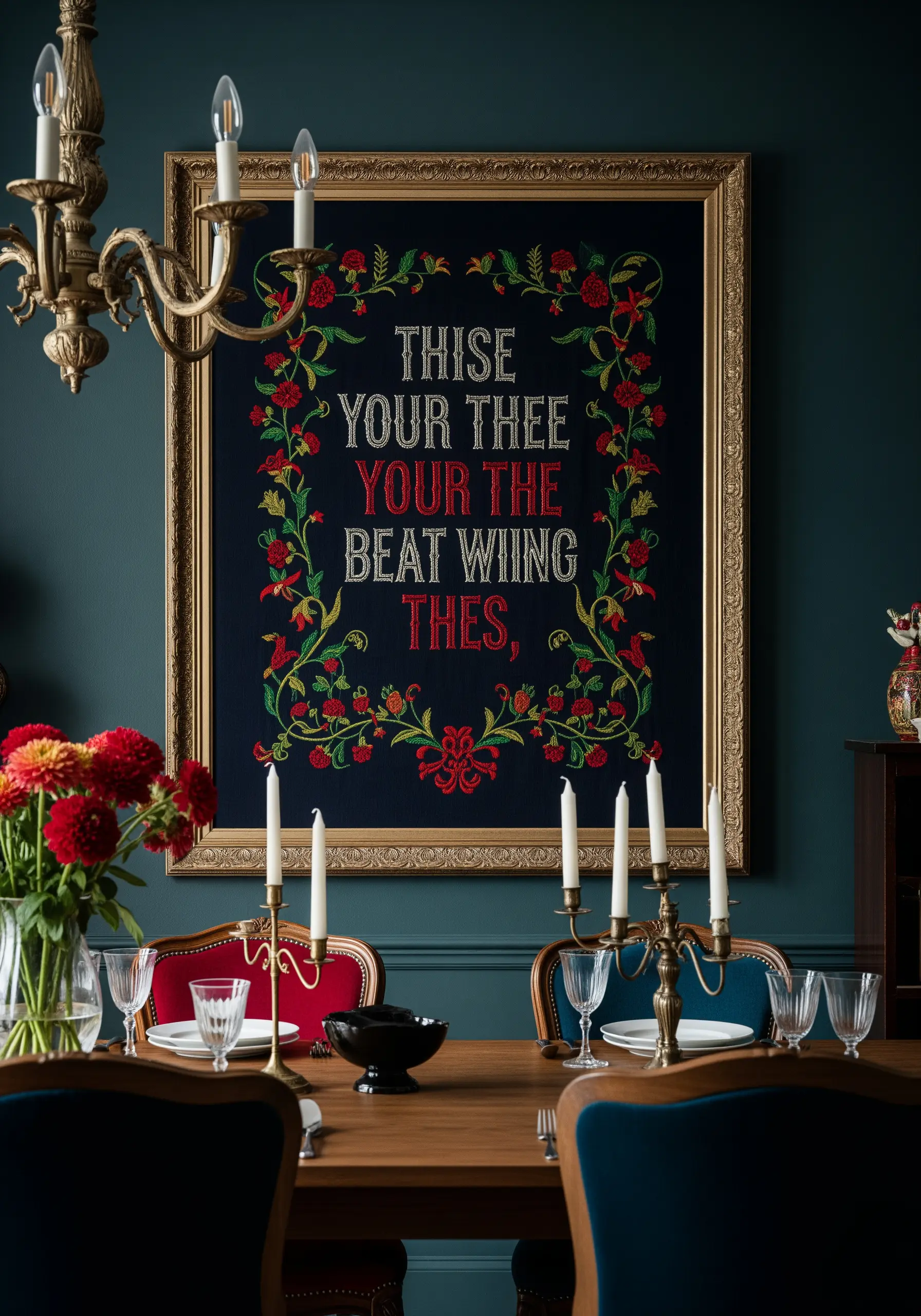 Large embroidered sampler with an ornate floral border and central quote.