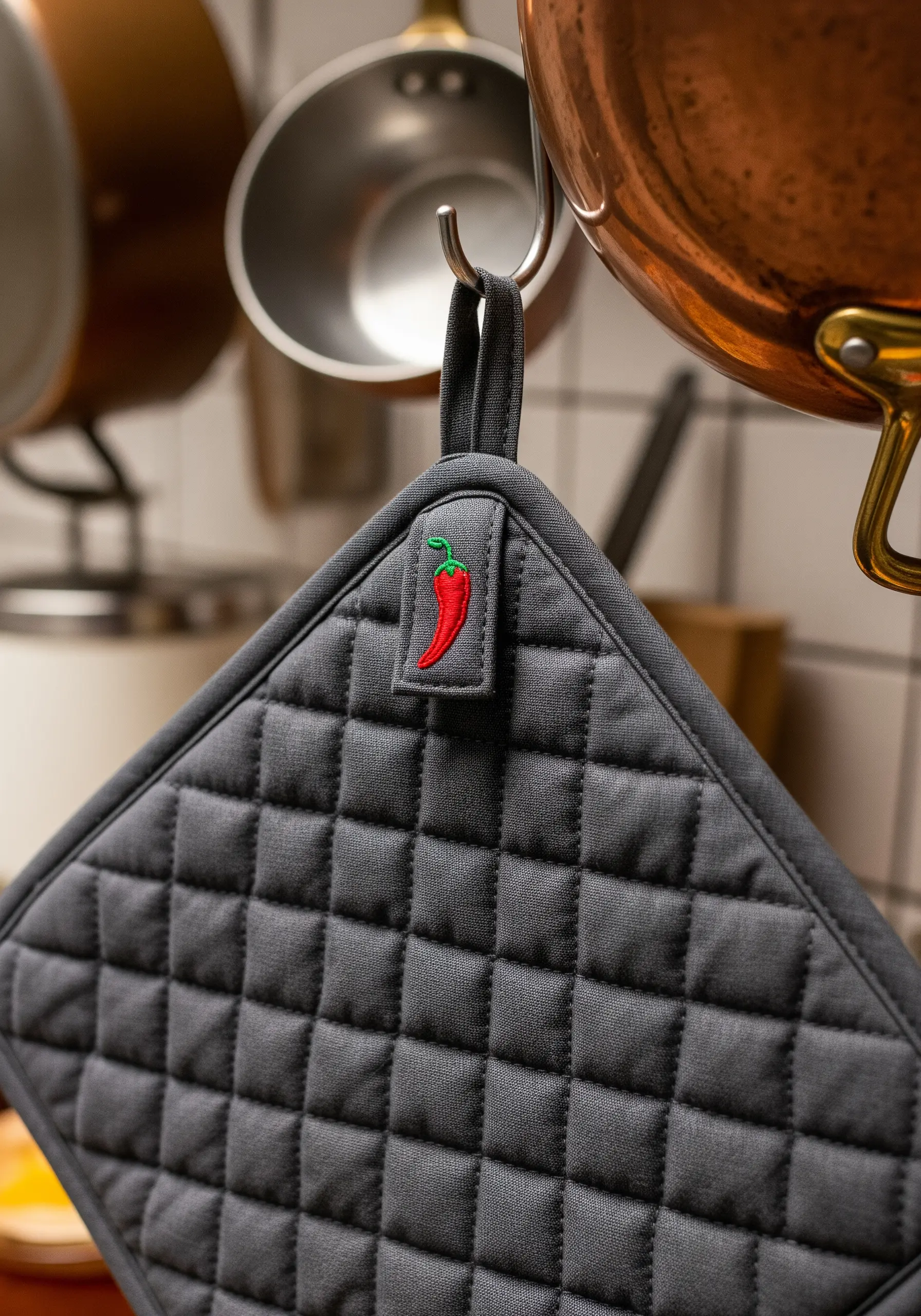 A tiny, vibrant red chili pepper embroidered on the loop of a grey pot holder.