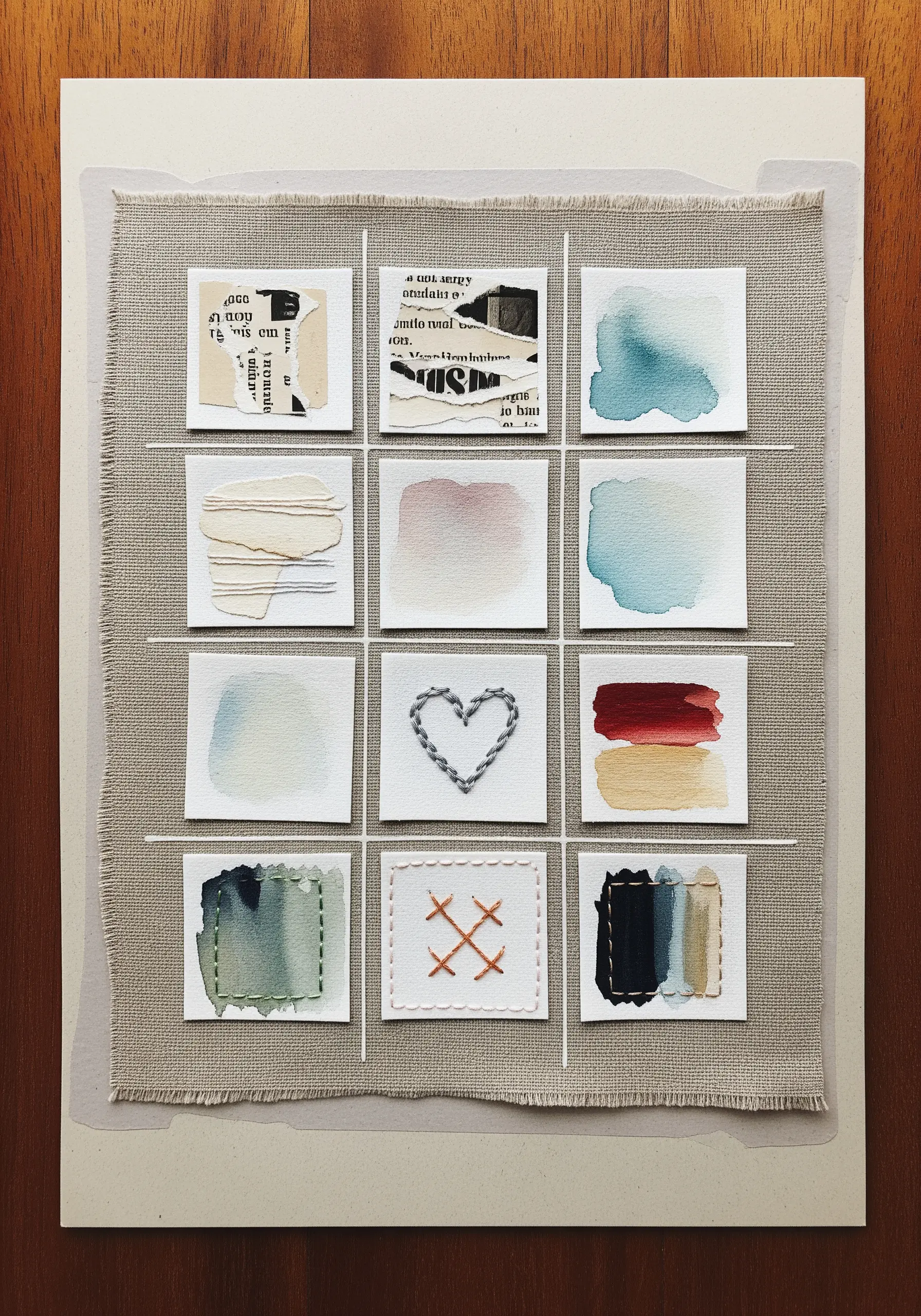 A nine-square grid sampler showing different mixed-media techniques including paint, paper, and thread