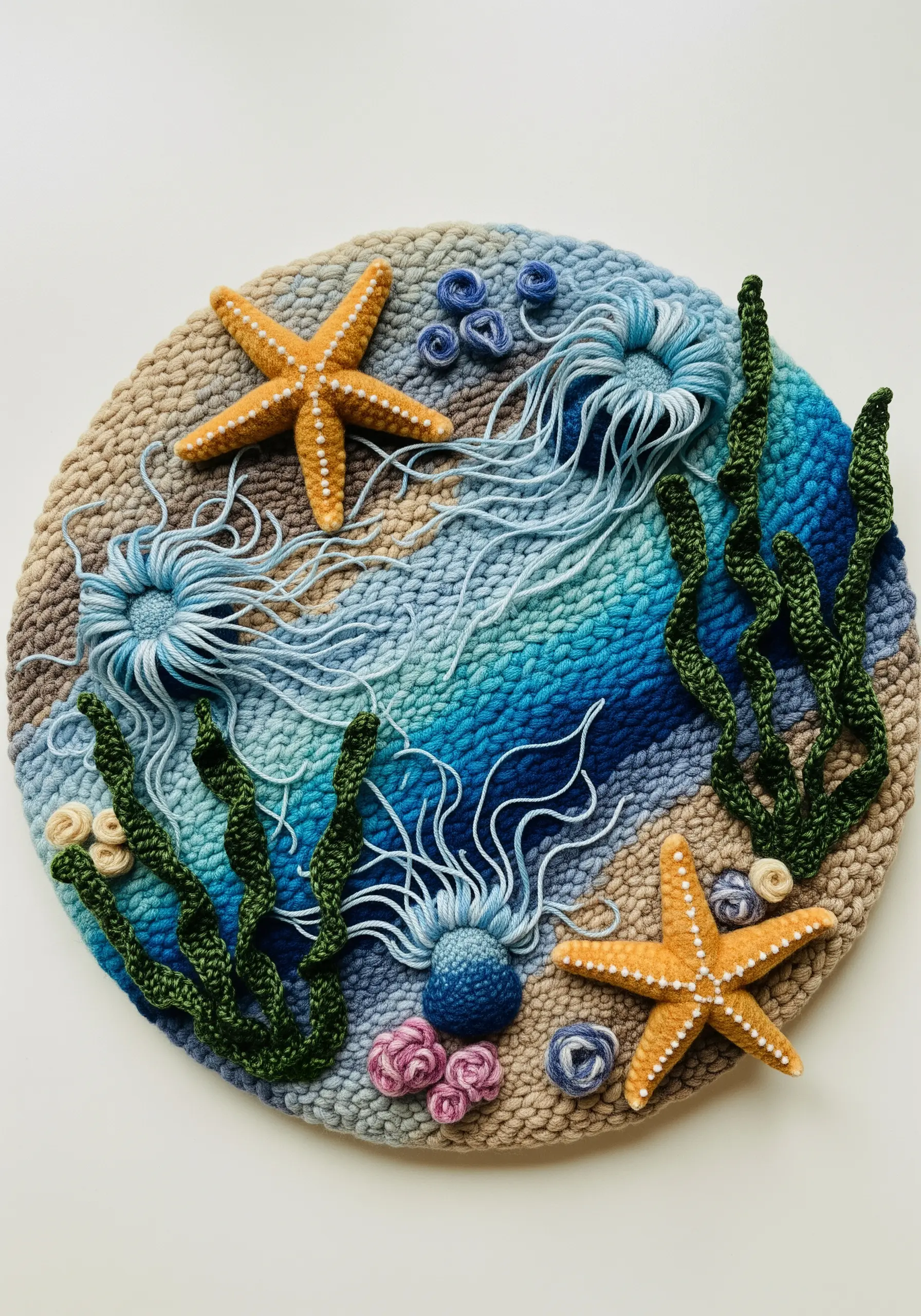 A round punch needle underwater scene with 3D crocheted starfish and jellyfish.