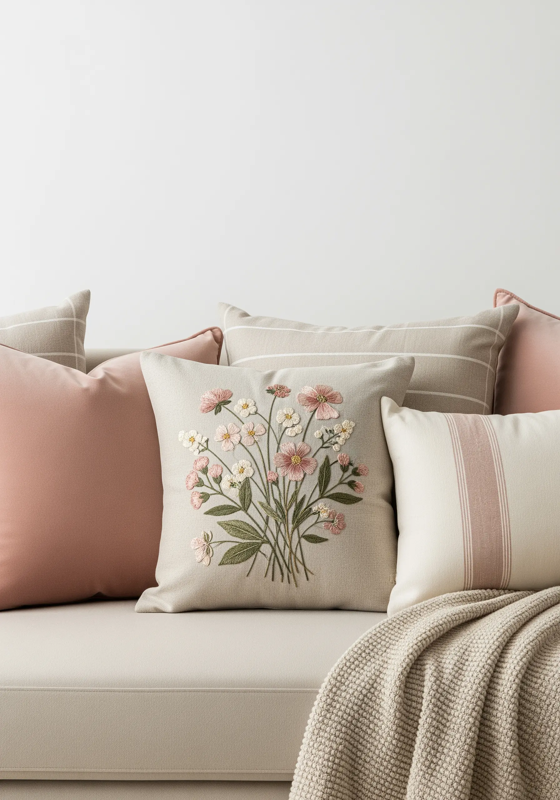 A delicate wildflower bouquet embroidered on a beige linen pillow in blush and green.
