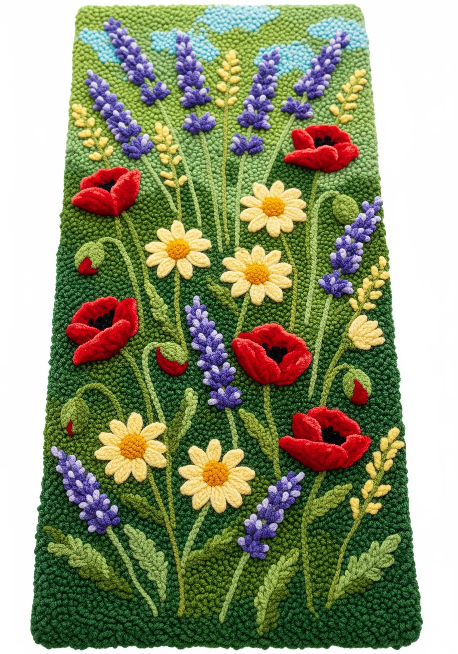 A punch needle wall hanging of a colorful wildflower meadow with poppies and lavender.