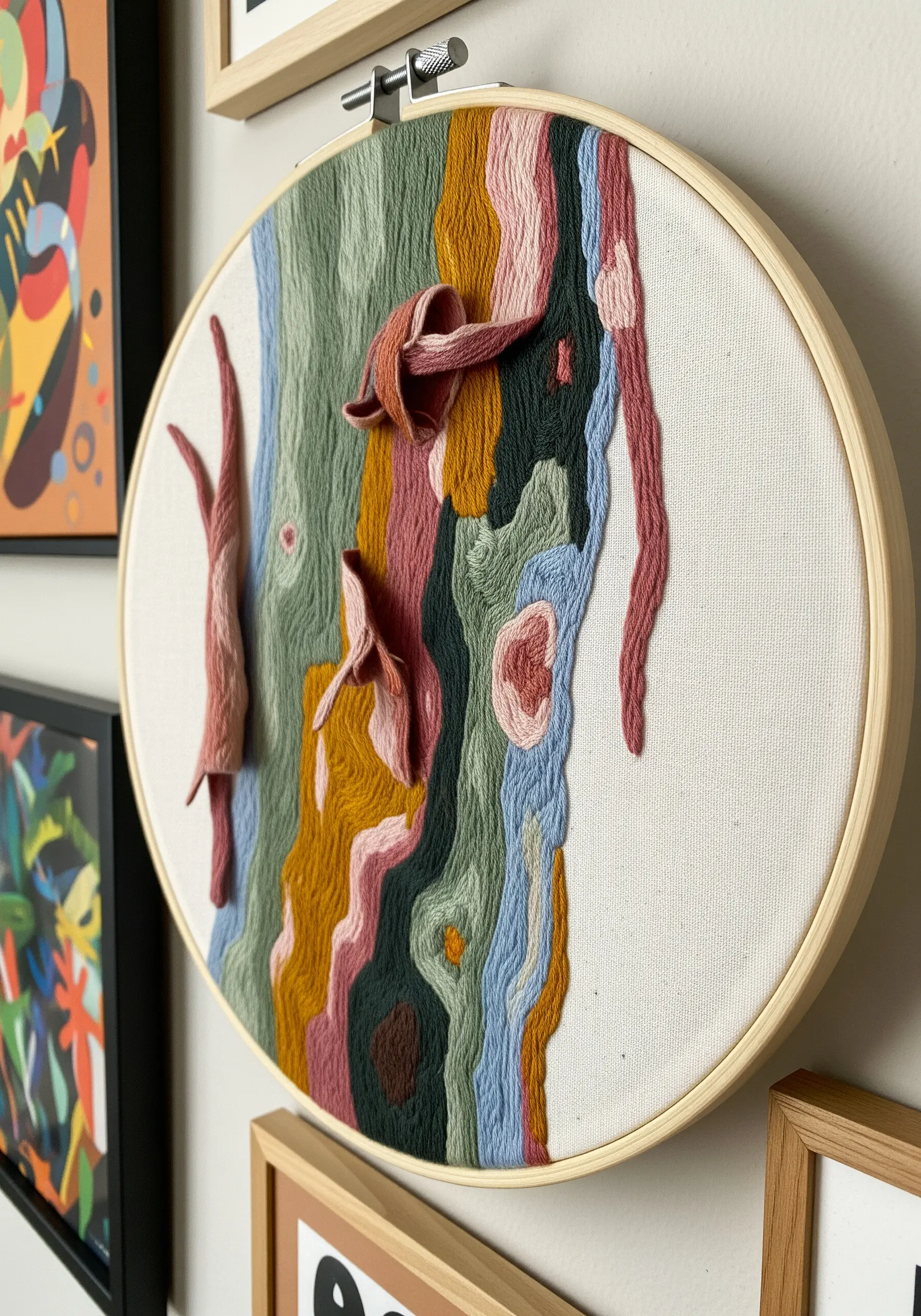 Abstract embroidery of tree bark using blocks of color and textured stitches.