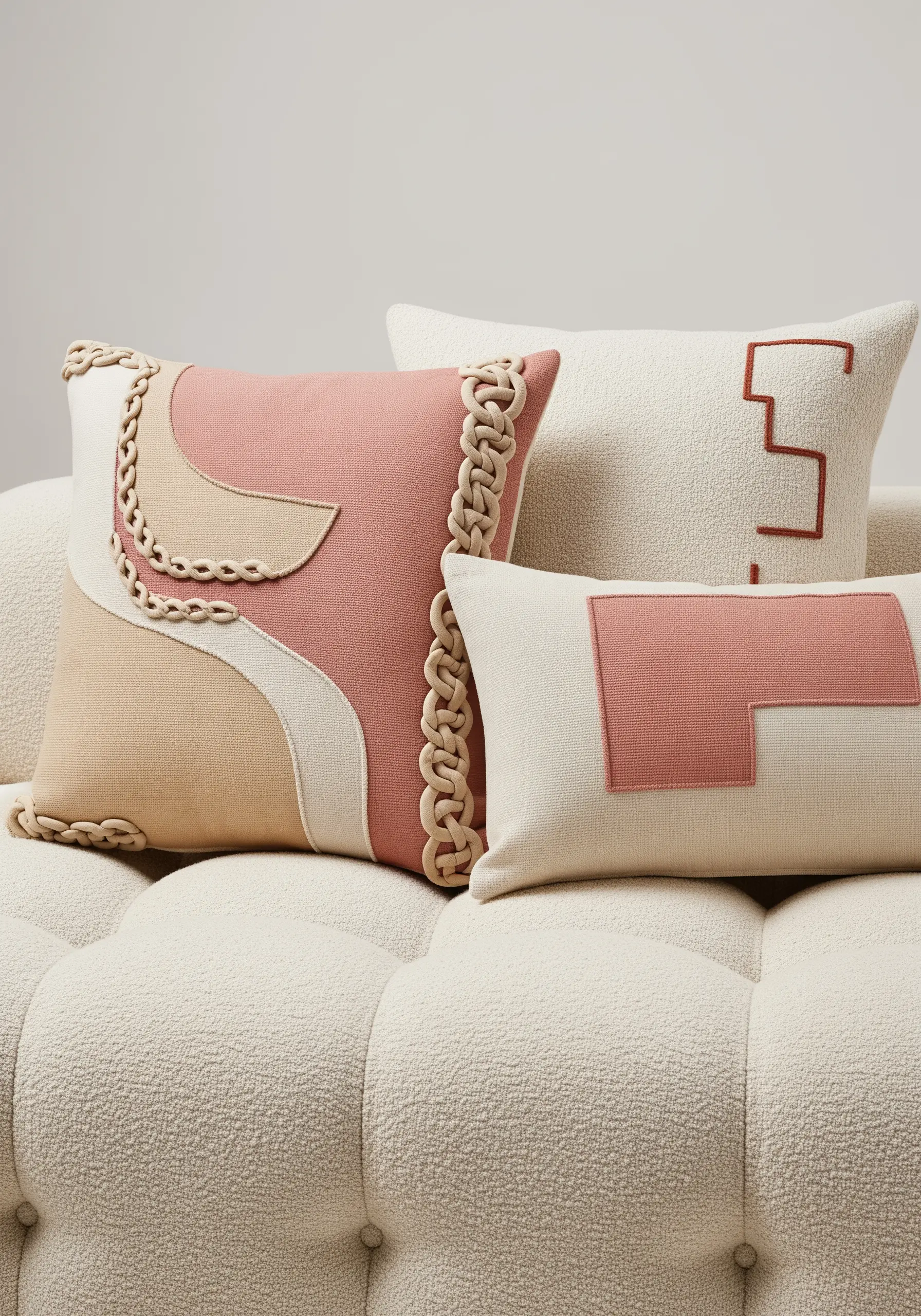 Abstract pillows with fabric collage, chunky braided borders, and simple line work.