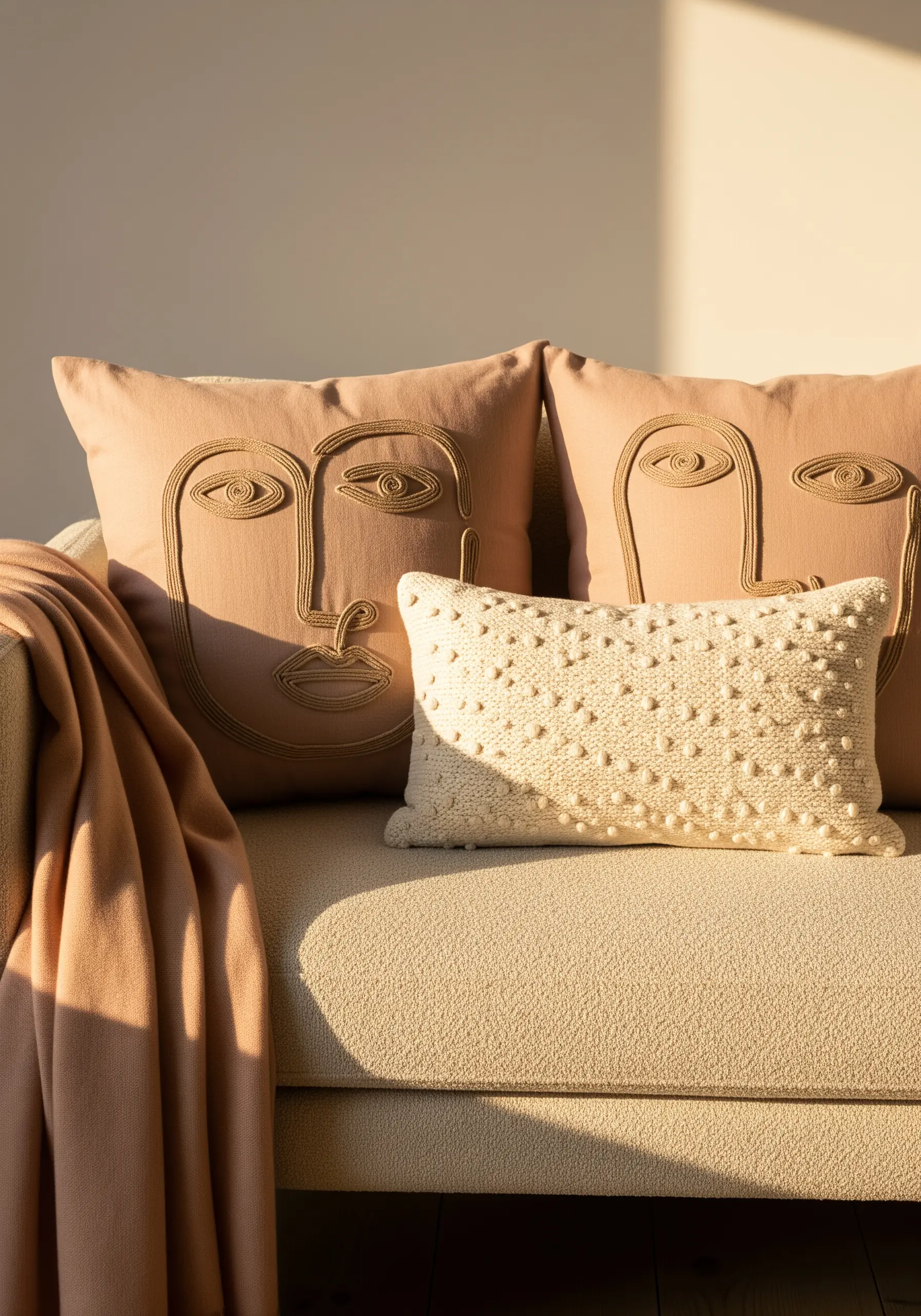 Abstract face pillows with thick, corded embroidery couching.