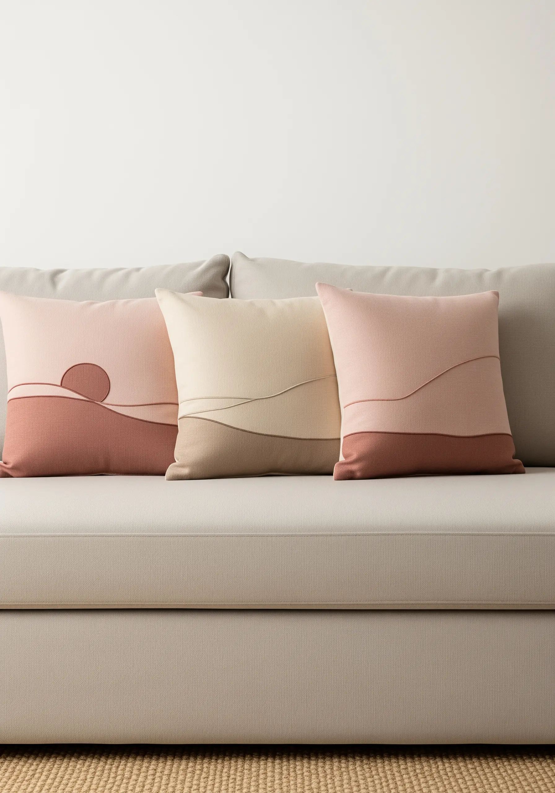 Abstract landscape pillows combining fabric appliqué with embroidered outlines.
