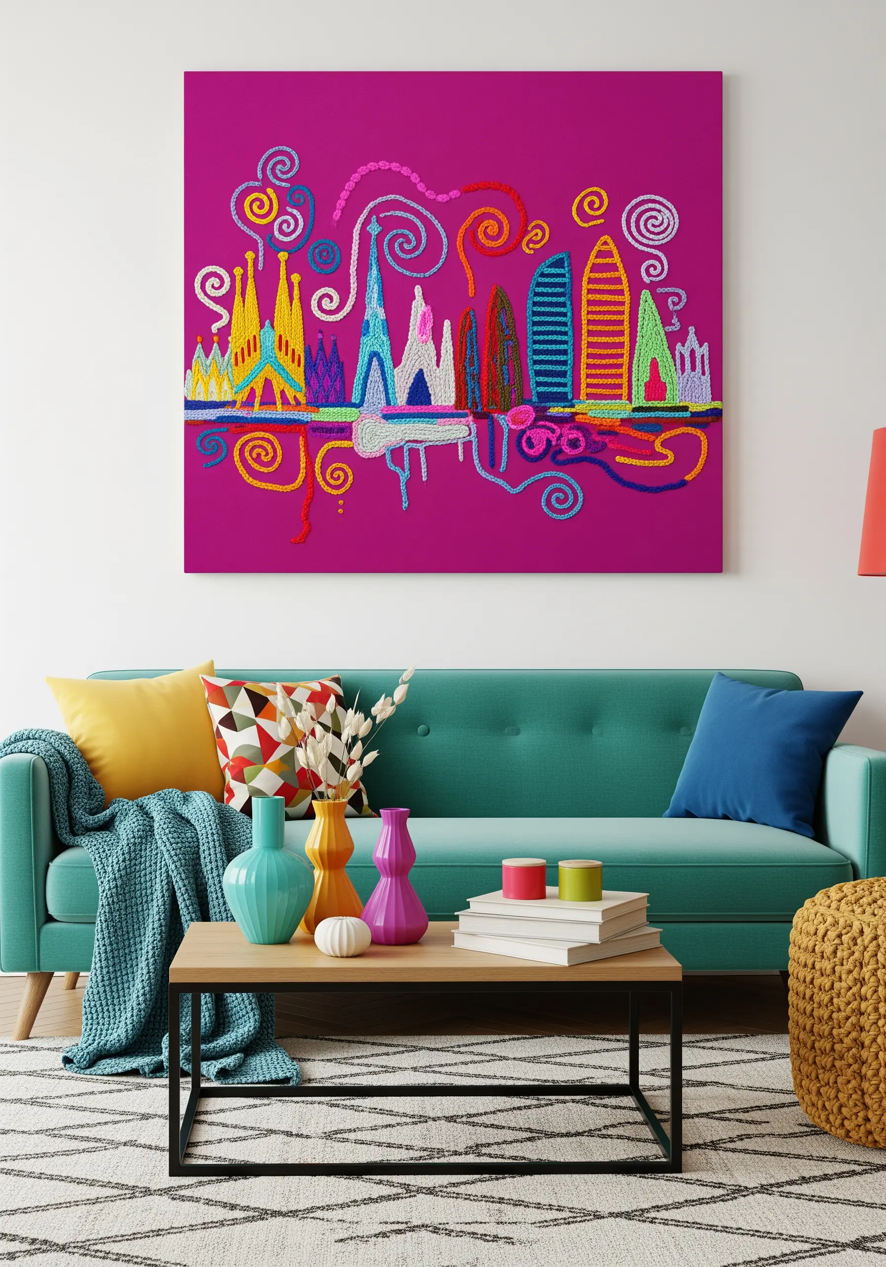 An abstract, colorful embroidered interpretation of the Barcelona skyline on magenta fabric.