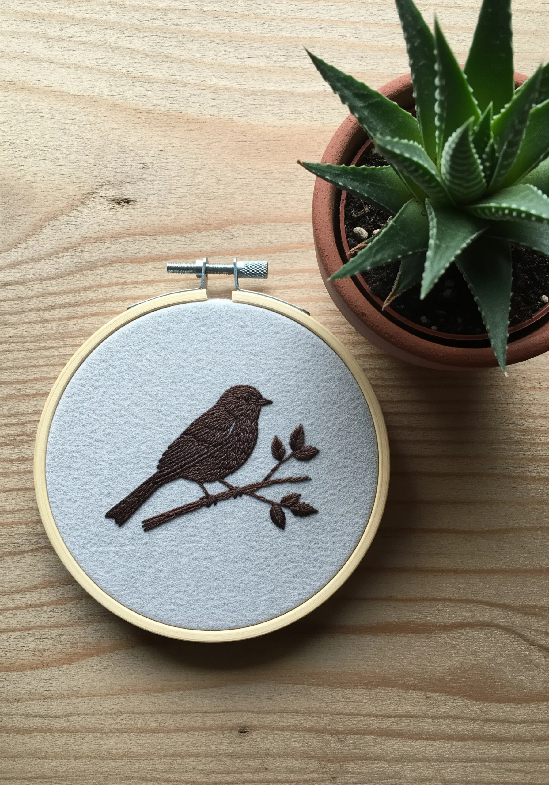 A solid brown satin-stitched bird silhouette on a branch, embroidered on light gray felt.