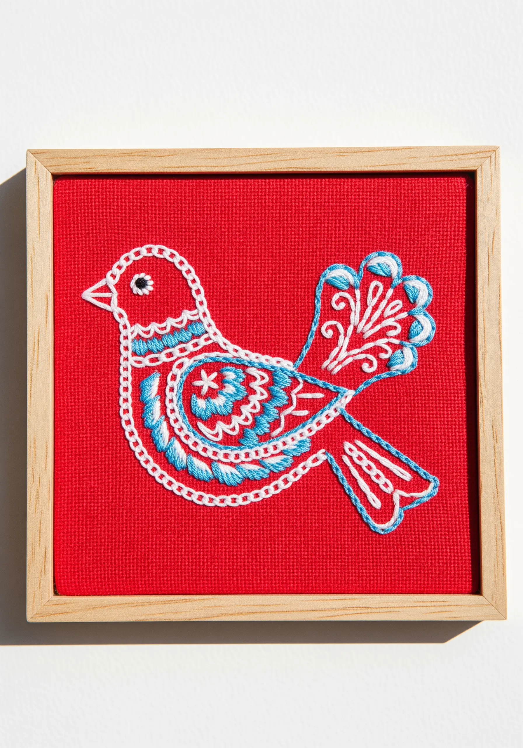 Folk-art style bird embroidered with layered chain stitches on bright red fabric.