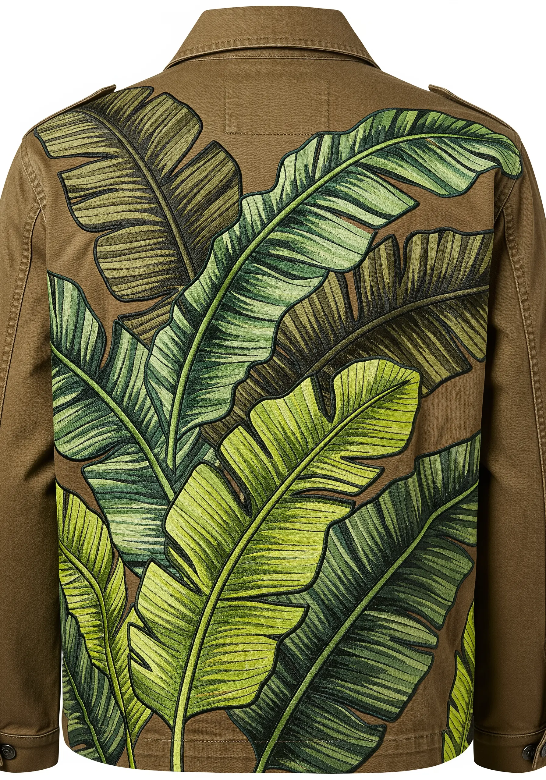 The entire back panel of an olive green jacket covered in embroidered banana leaves.