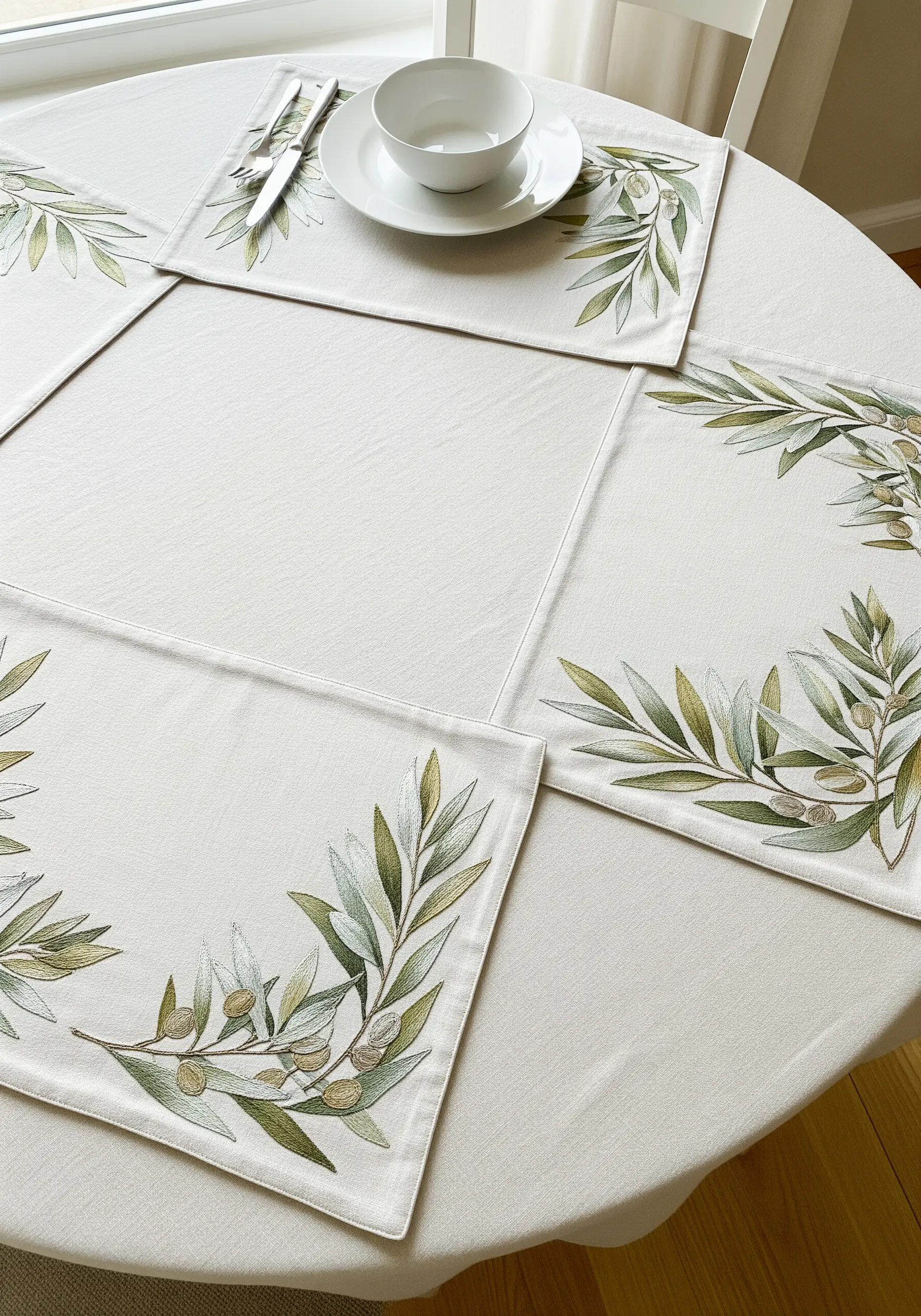 Table setting with placemats and a tablecloth featuring soft, embroidered olive branches.