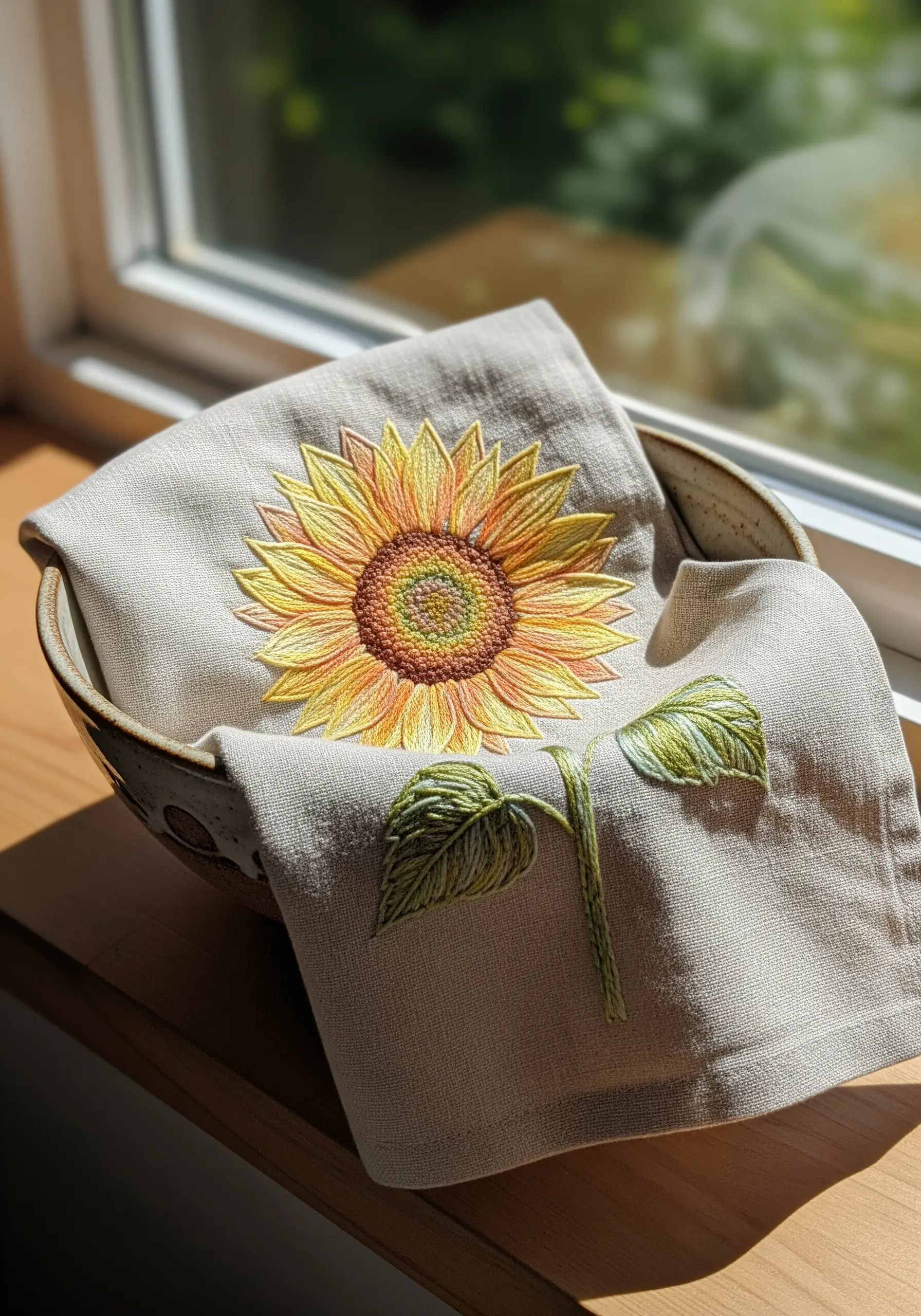 A softly blended sunflower embroidered on a linen napkin, creating a watercolor effect