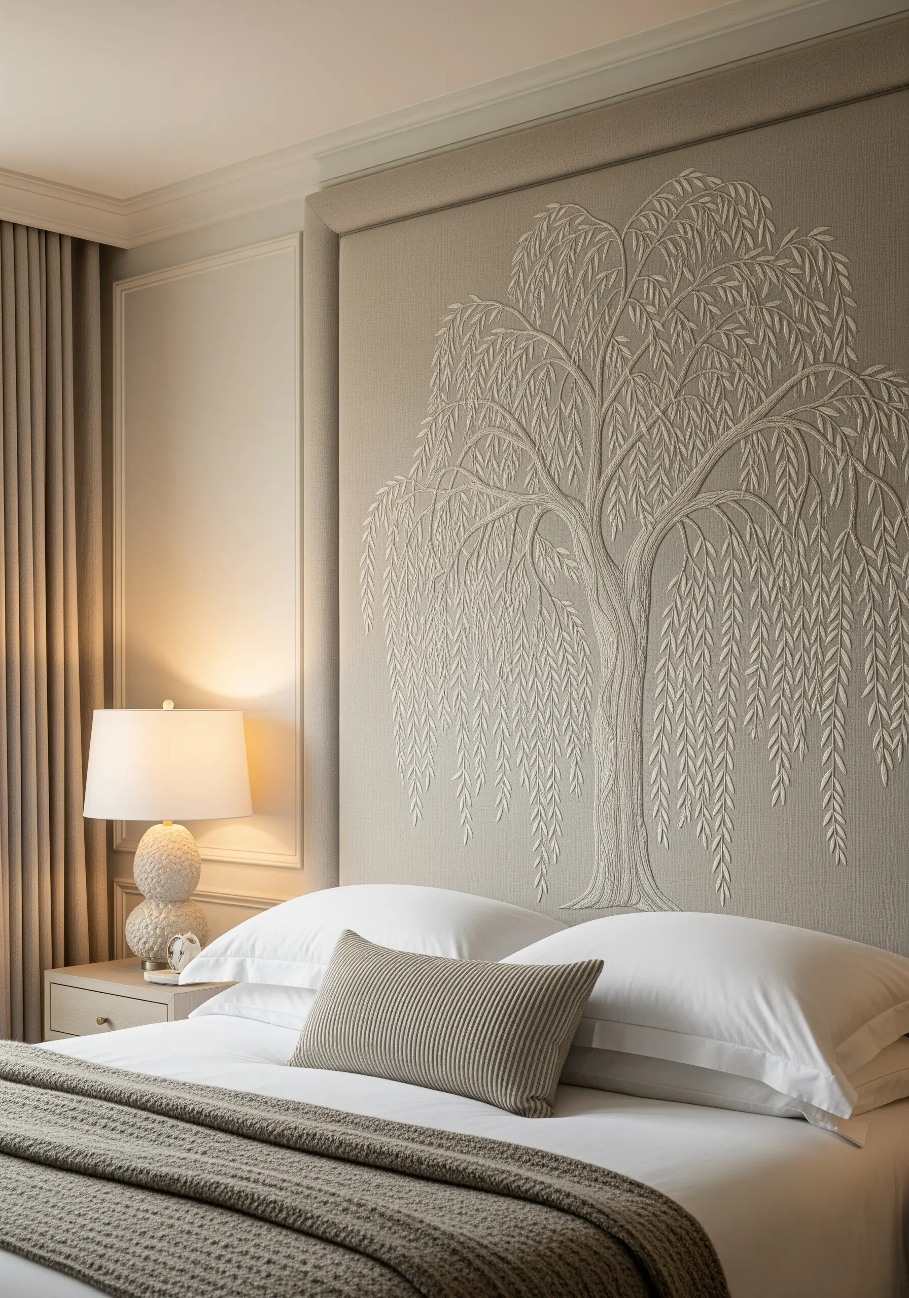 An entire weeping willow tree embroidered on a tall fabric headboard.