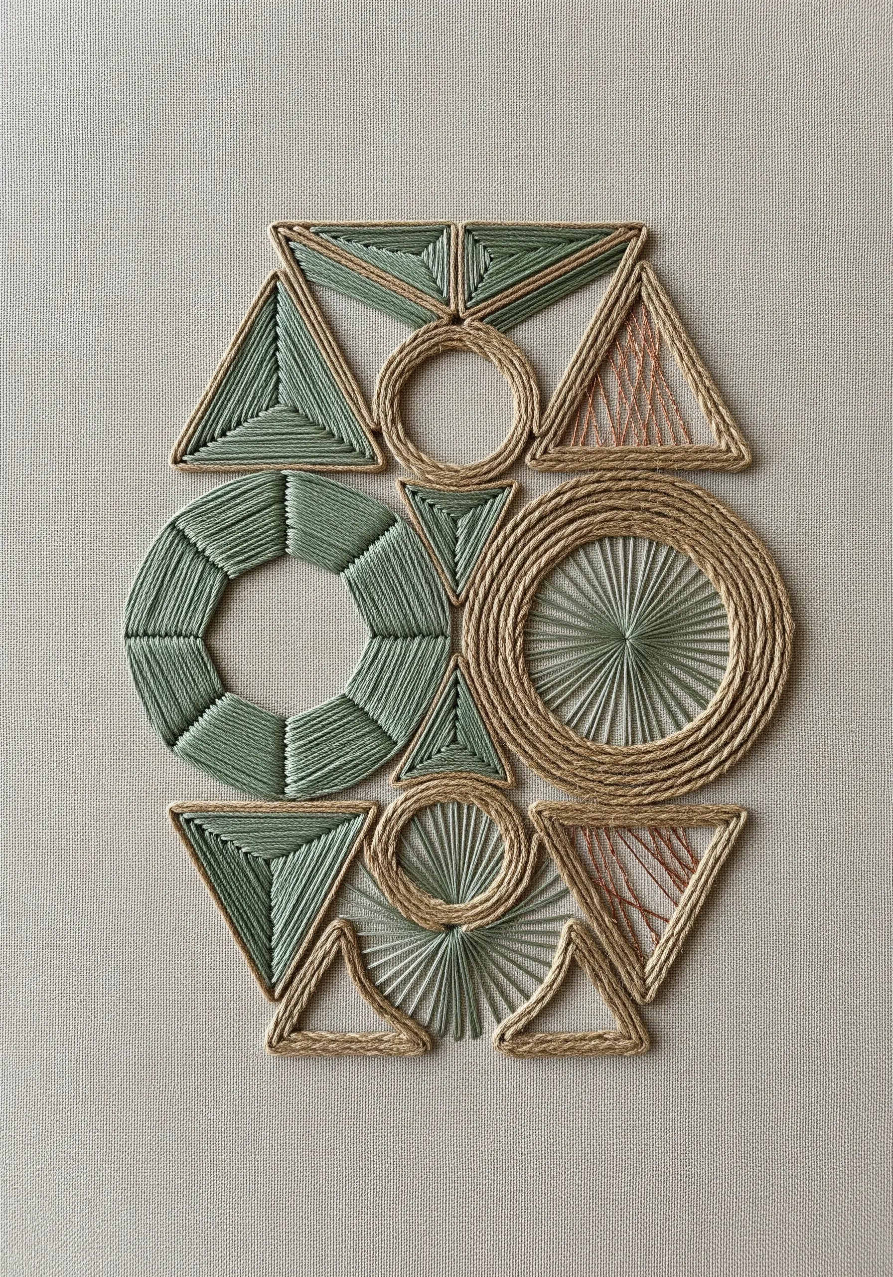 Geometric embroidery with shapes outlined in cord and wrapped with floss.