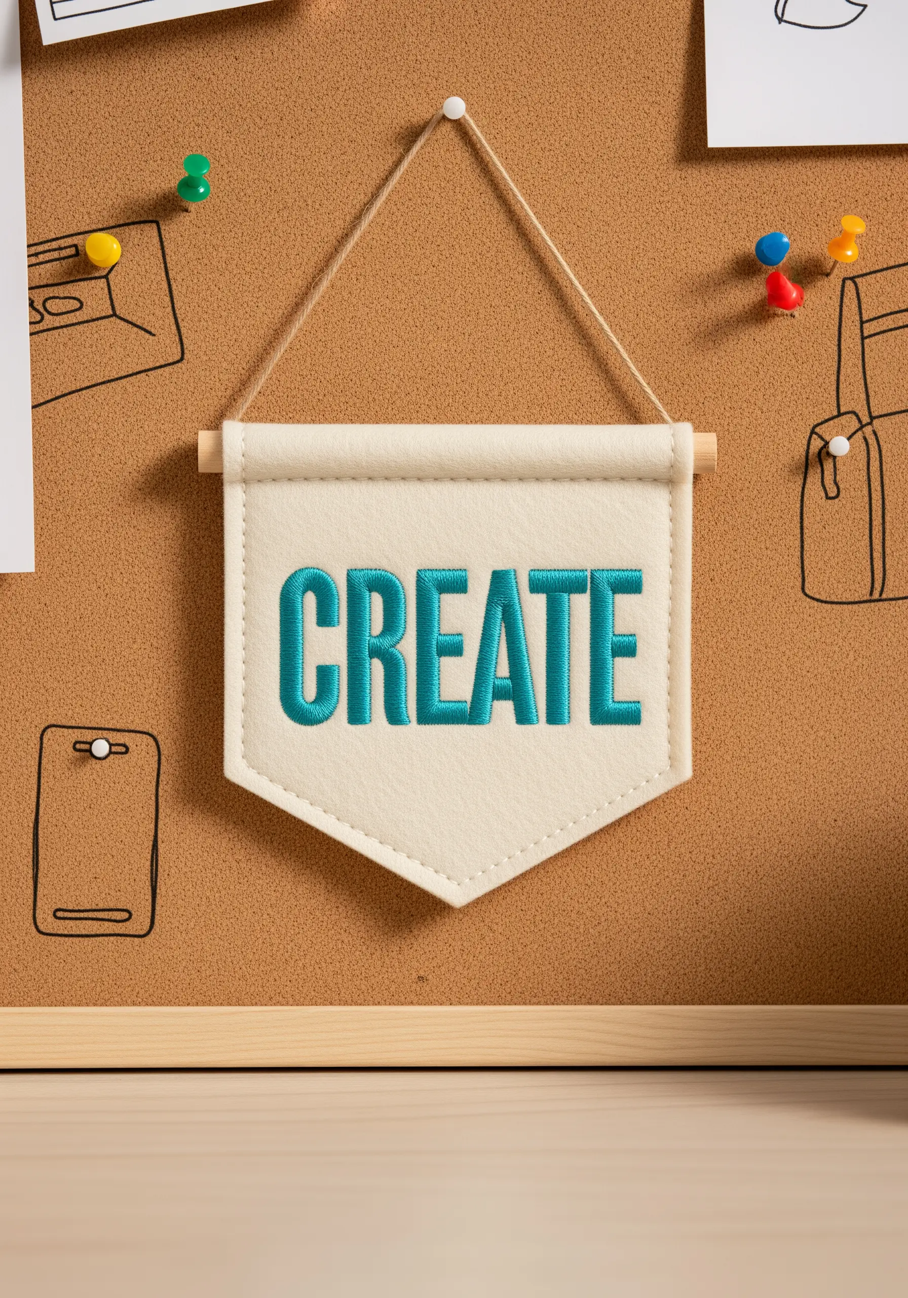 A felt pennant with the word 'CREATE' embroidered in bold teal satin stitch.