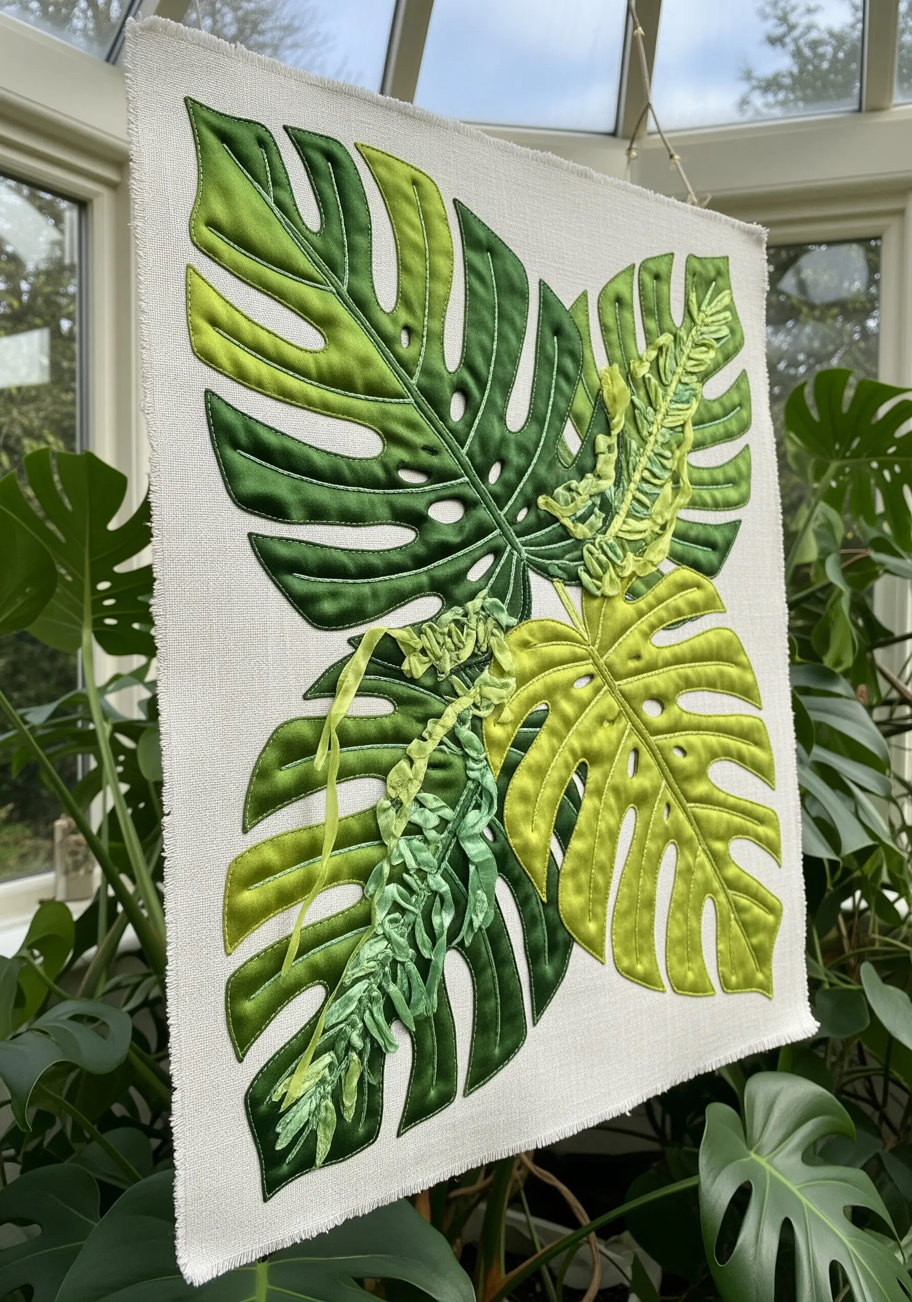 Padded appliqué monstera leaves in shades of green with satin stitch outlines on white canvas.