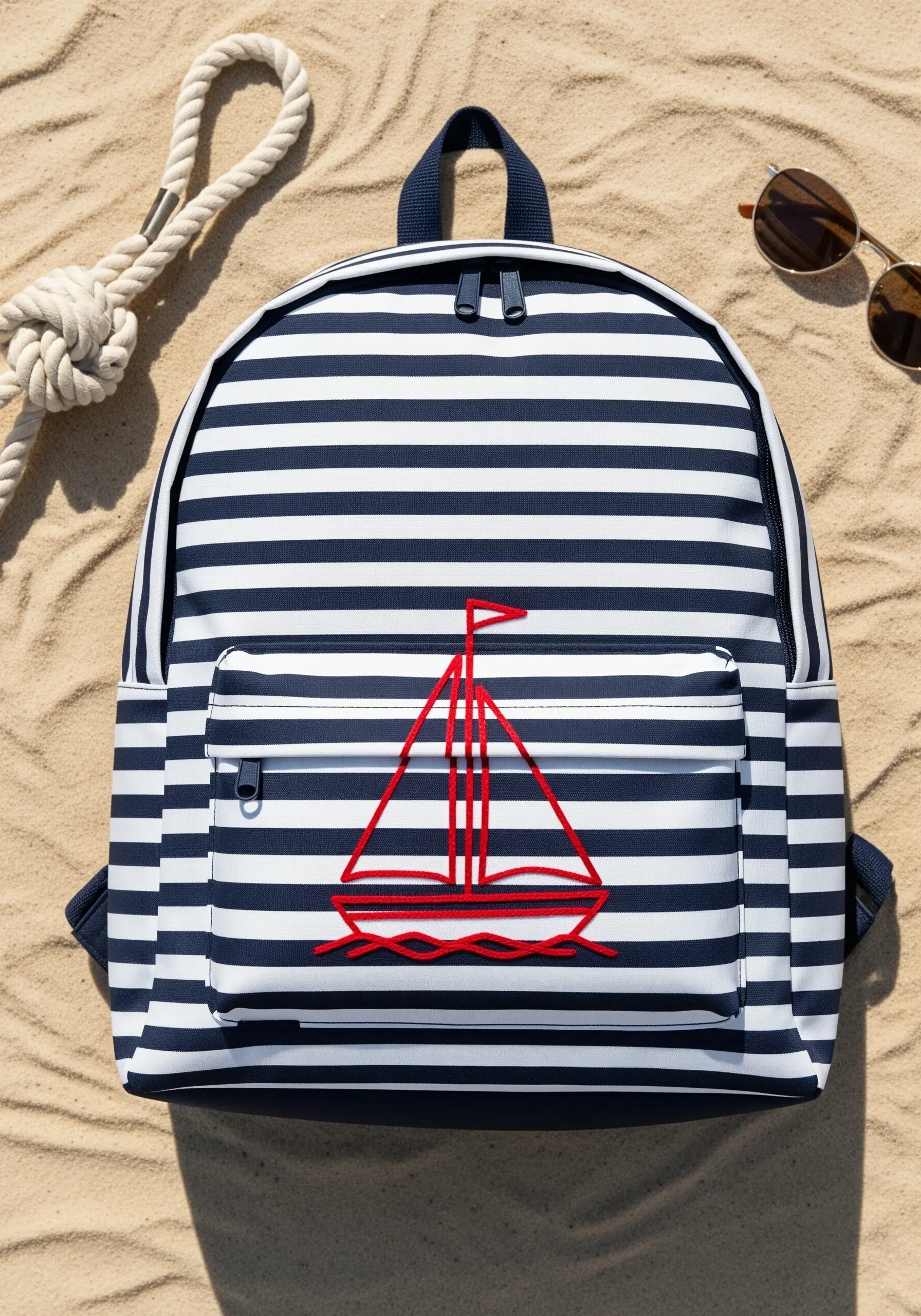 A red line-art sailboat embroidered on the front pocket of a navy and white striped backpack.