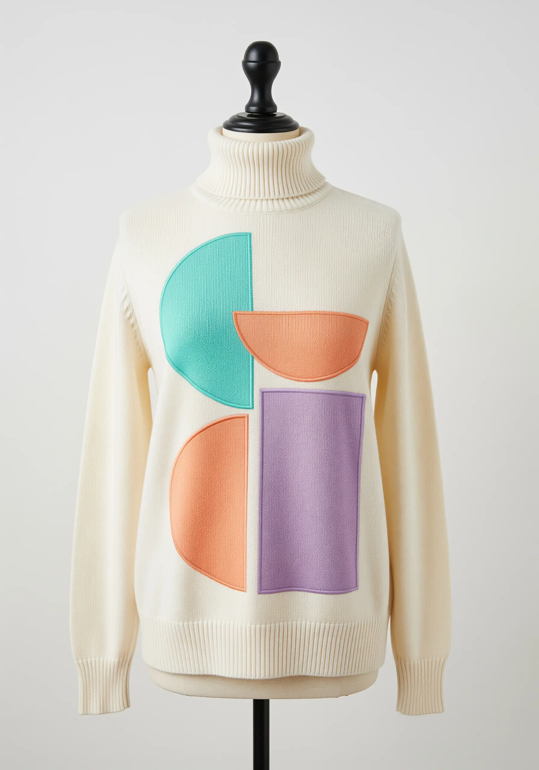 Geometric color-blocked shapes in pastel orange, purple, and teal on a turtleneck.