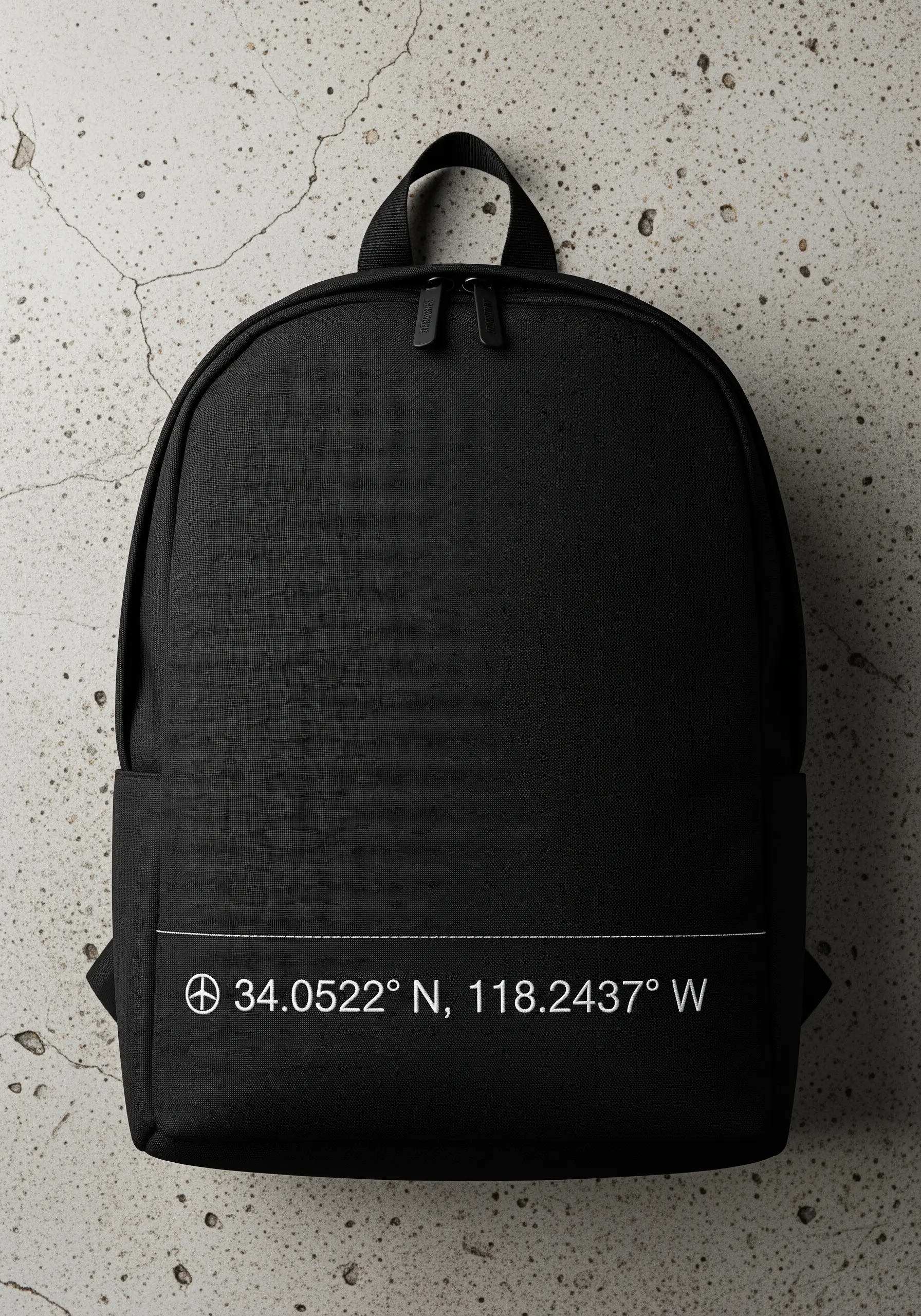 White embroidered coordinates and a small Earth symbol on a black minimalist backpack.