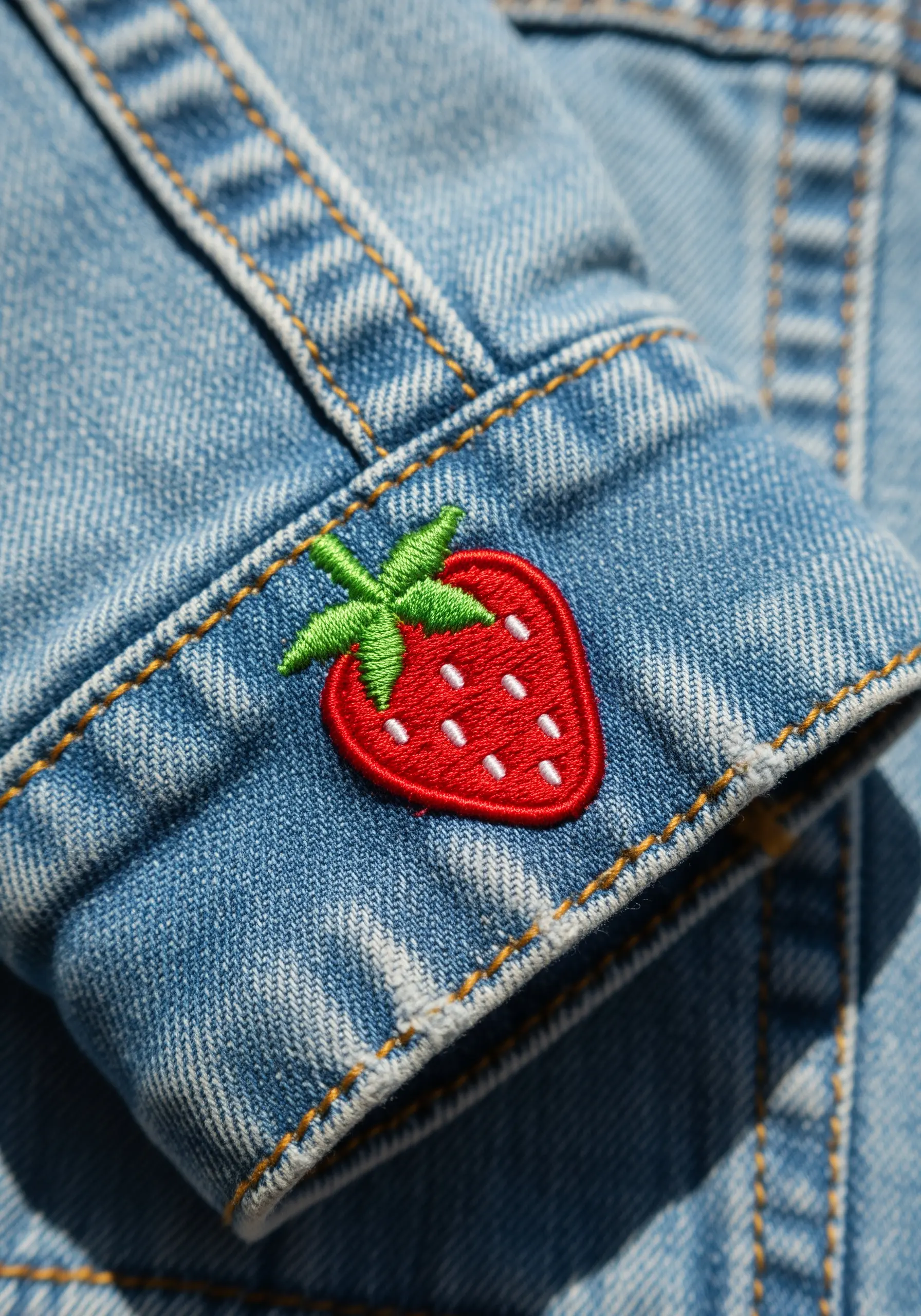 A vibrant red strawberry with a smooth satin stitch finish embroidered on a denim cuff.