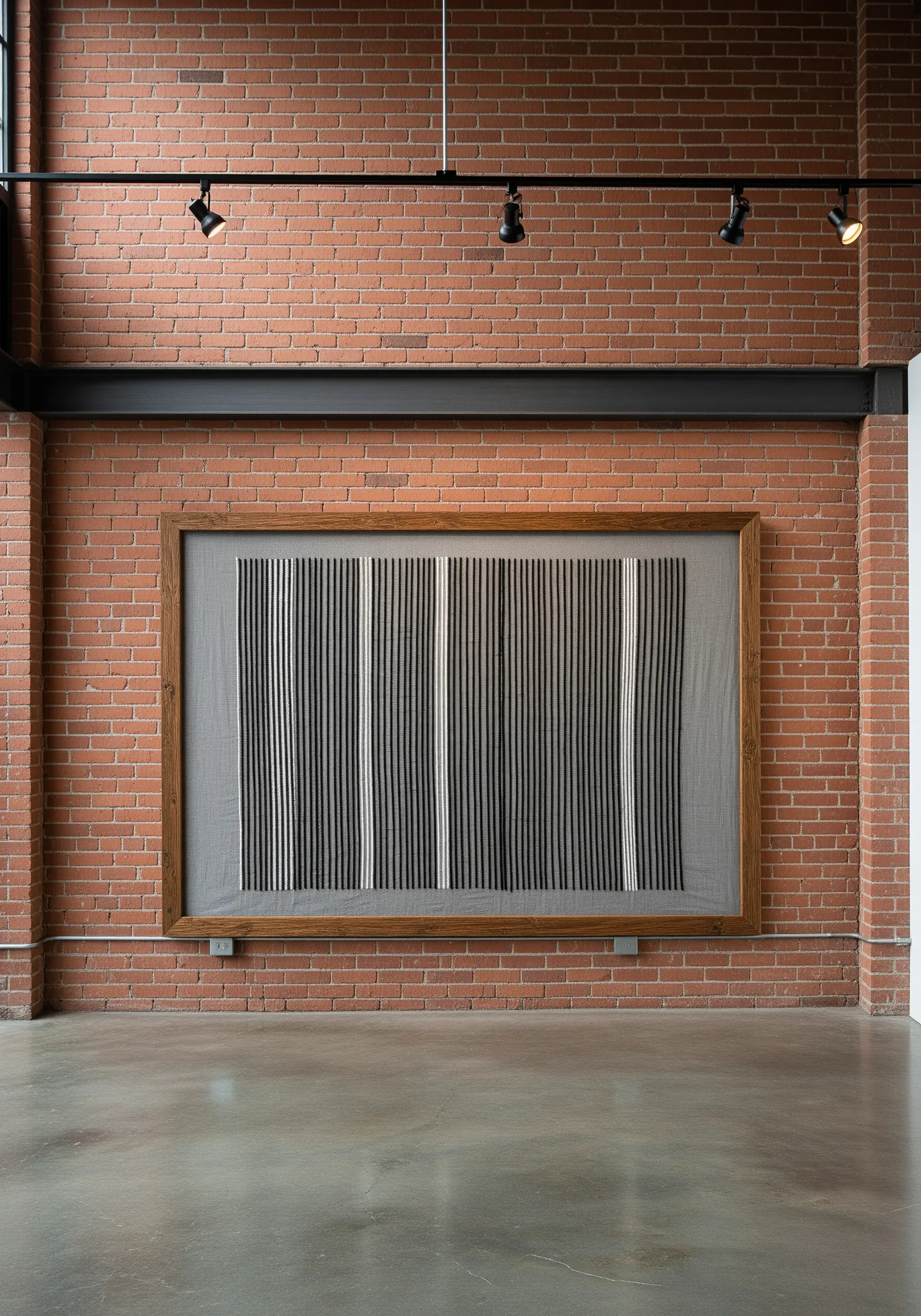 Large framed embroidery with bold, vertical black, white, and silver stripes.