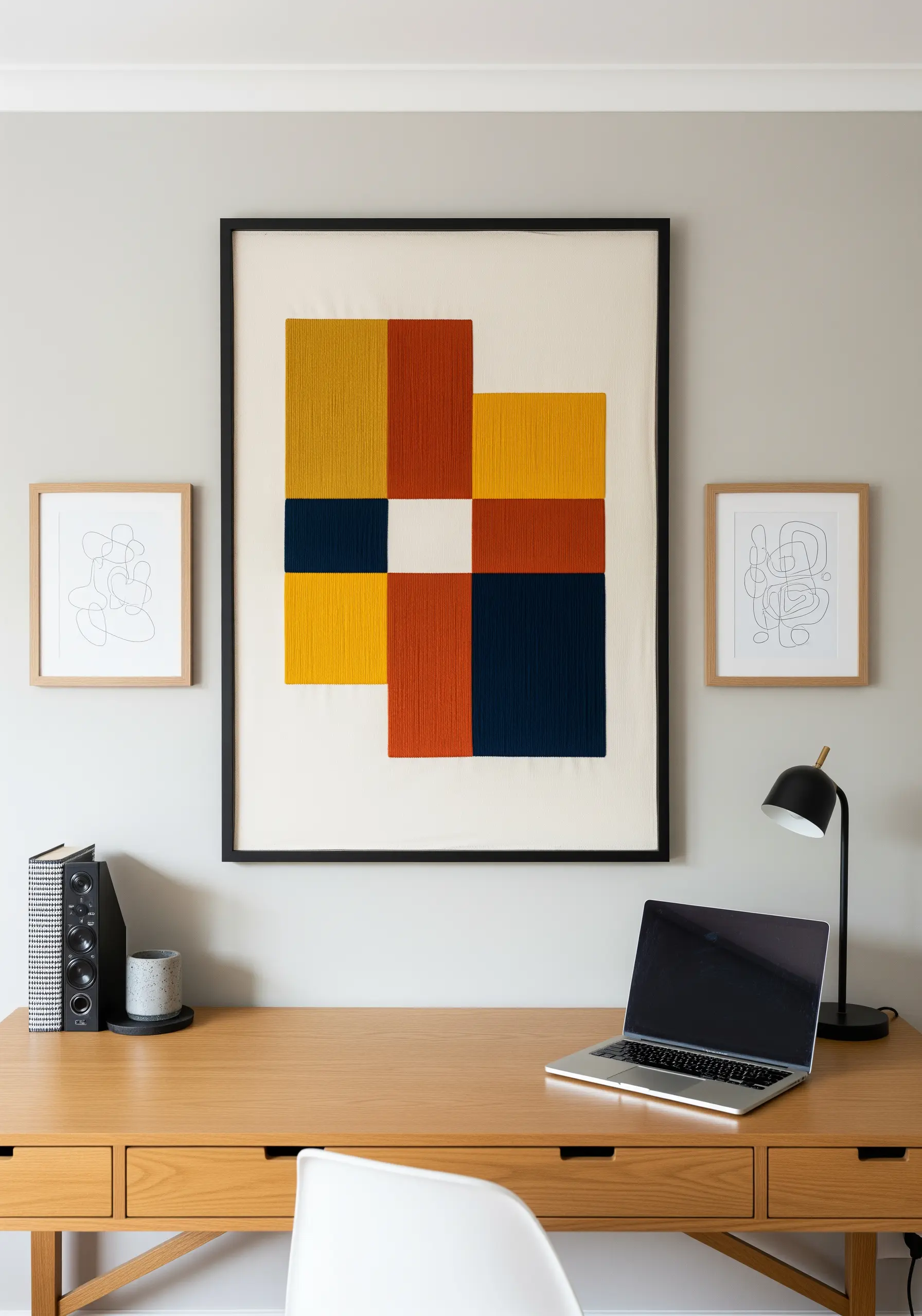 Abstract color-block embroidery with geometric shapes in mustard, rust, and navy.