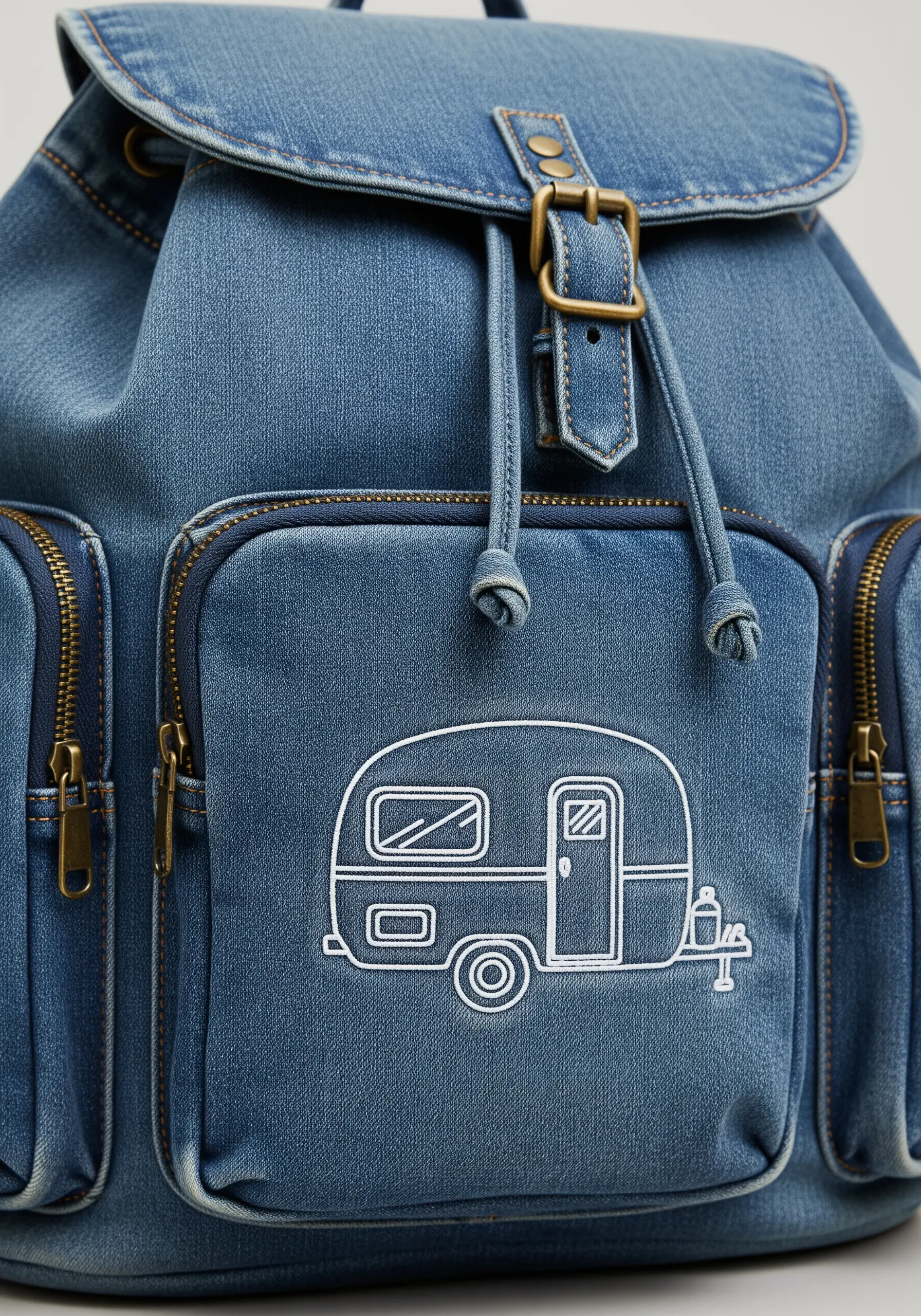 A white line-art illustration of a vintage camper van on the pocket of a denim backpack.
