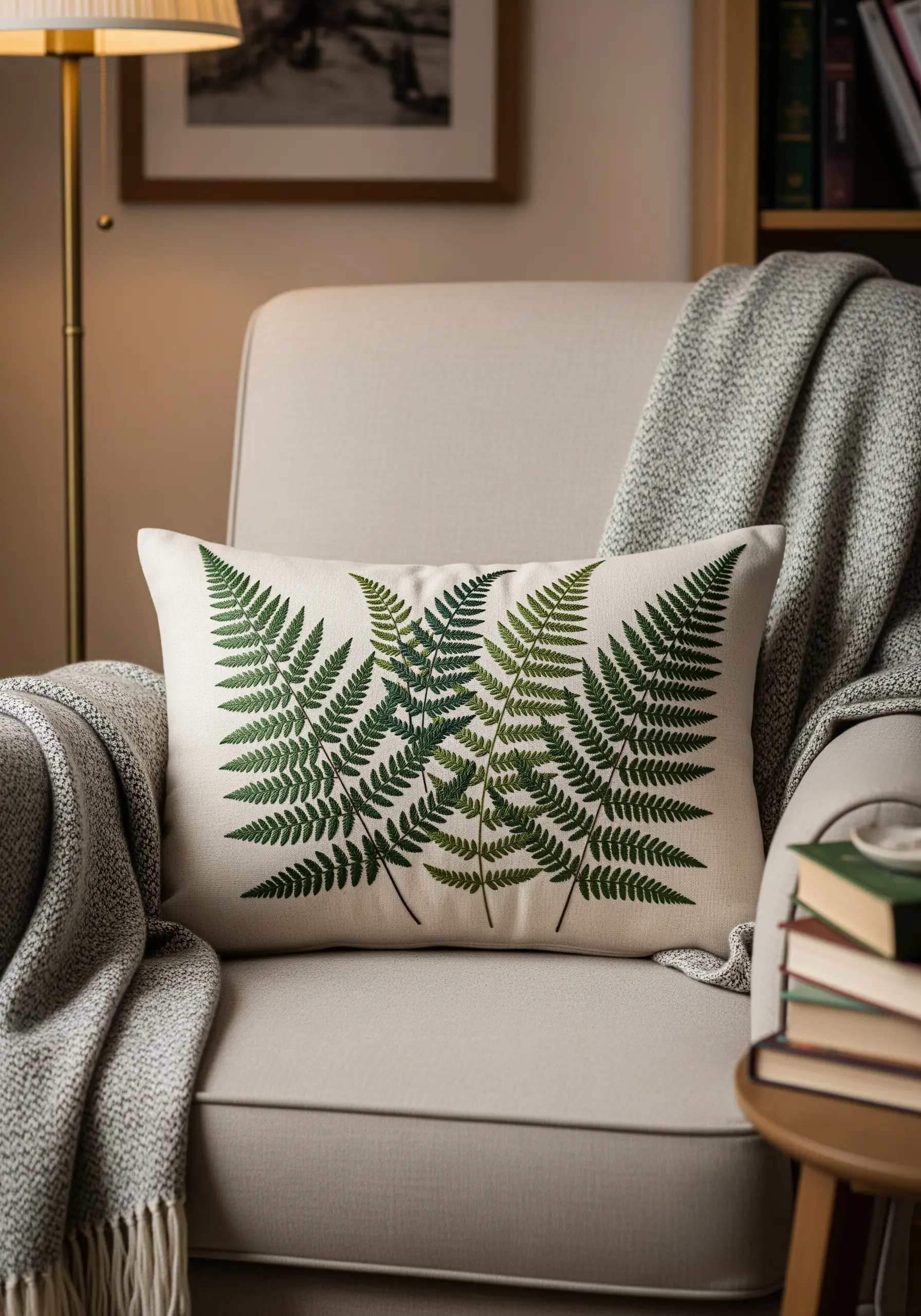 Realistic green fern embroidery on a neutral lumbar pillow on a chair