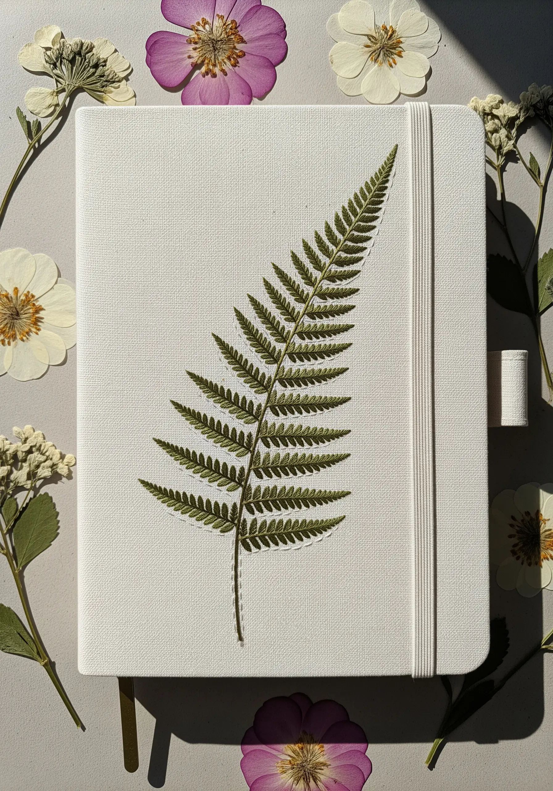A hyper-realistic fern frond, printed on fabric and appliquéd to a white journal cover.