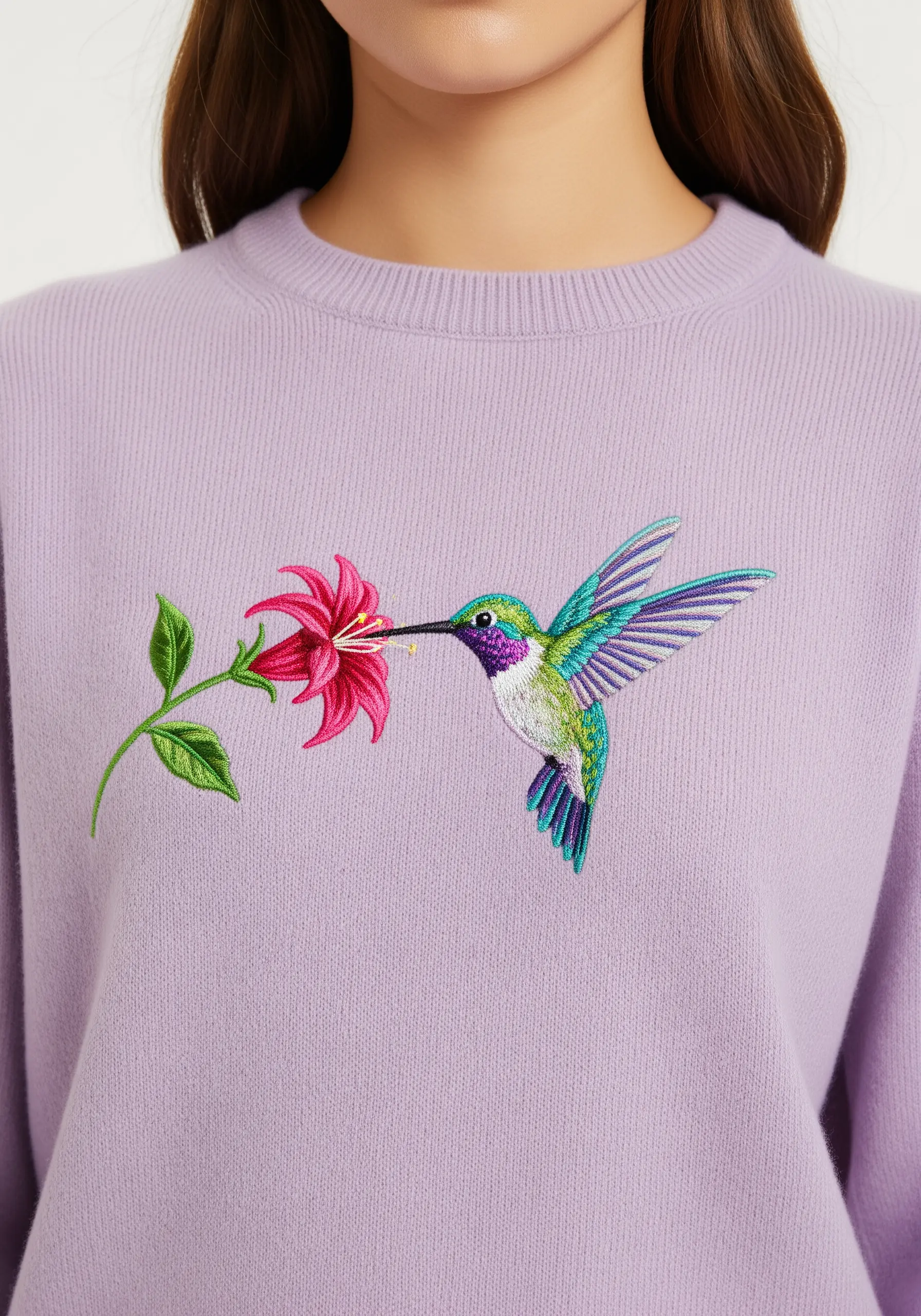A detailed, iridescent hummingbird embroidered on a lavender sweater, sipping from a flower.