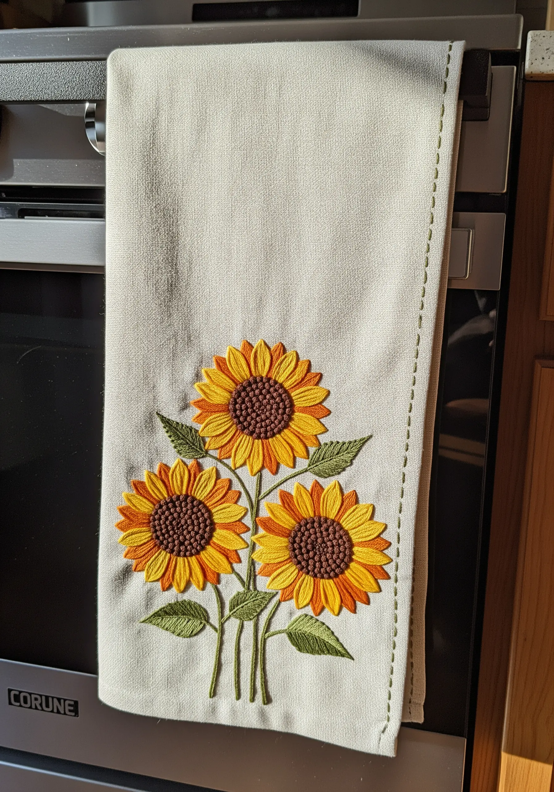 Embroidered kitchen towel with three sunflowers showcasing gradient petals and a textured center.