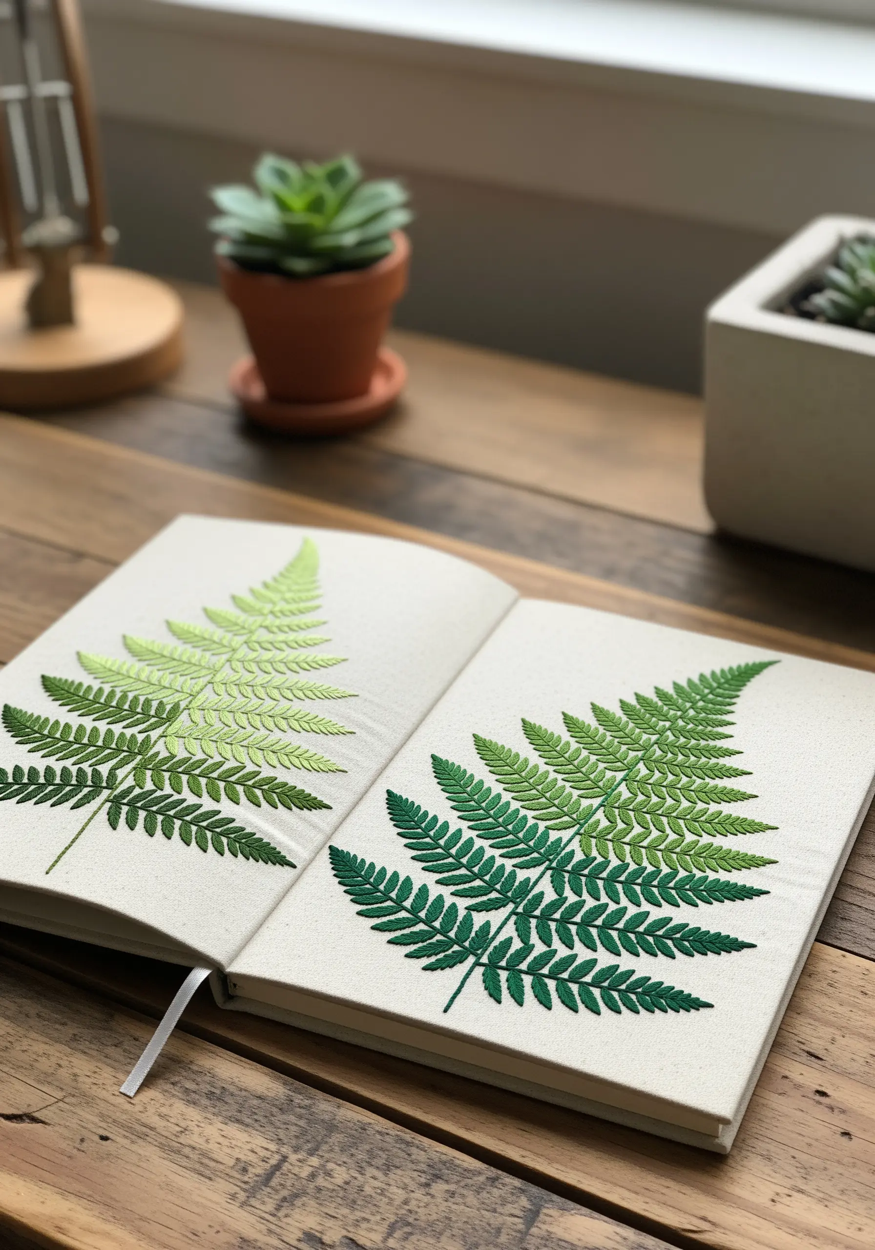 Two embroidered ferns on a notebook, showing a gradient of green threads.